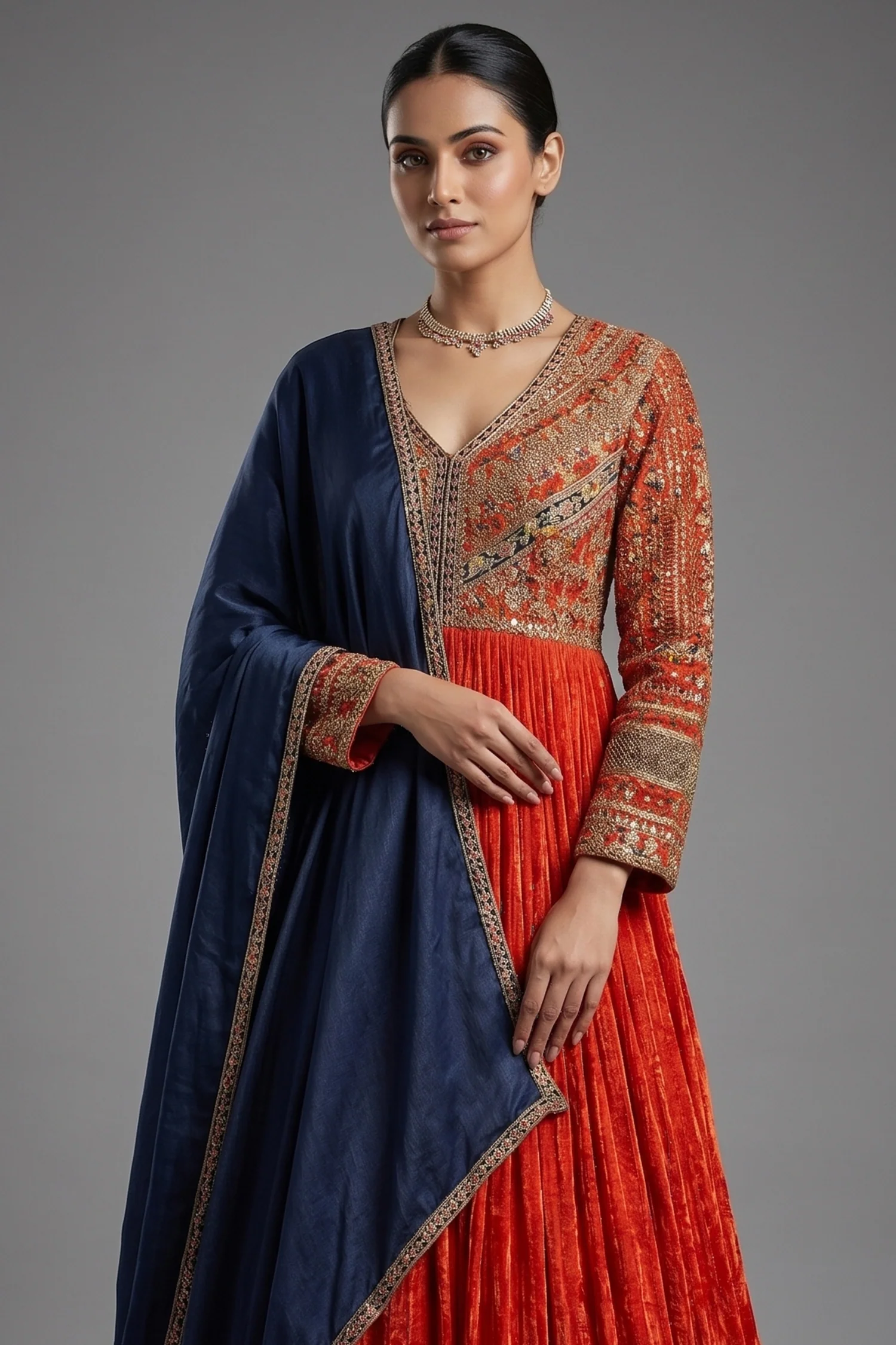 Rust Orange Tissue Crush Printed and Sequinned Work Bodice Anarkali Suit - Image 2