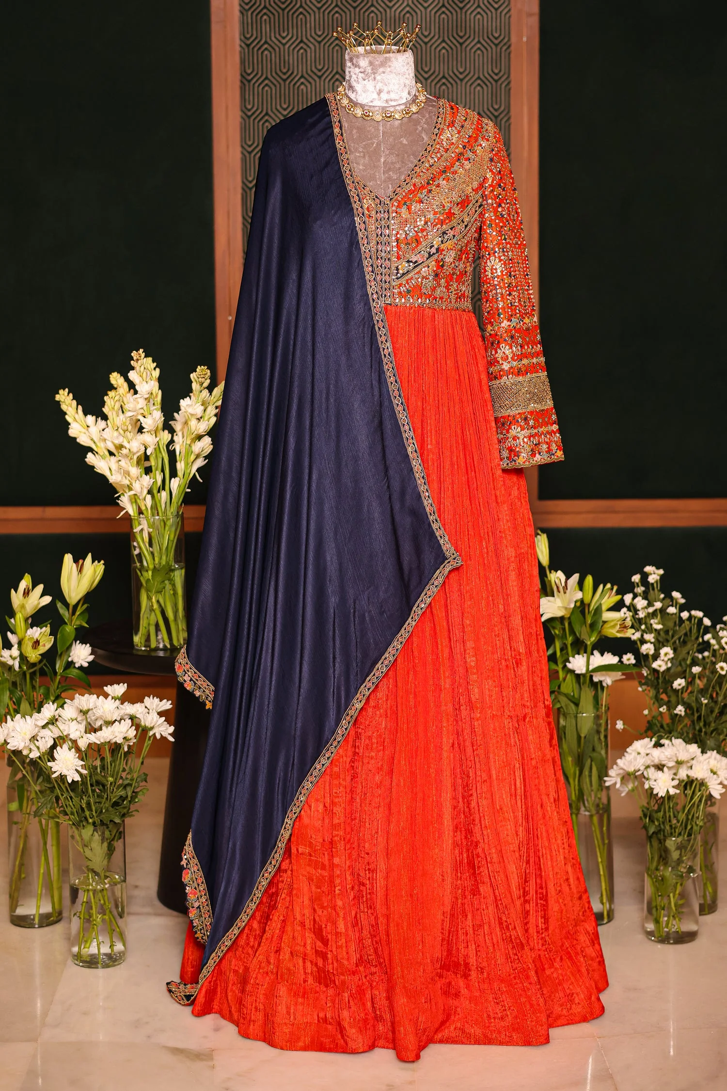 Rust Orange Tissue Crush Printed and Sequinned Work Bodice Anarkali Suit - Image 3
