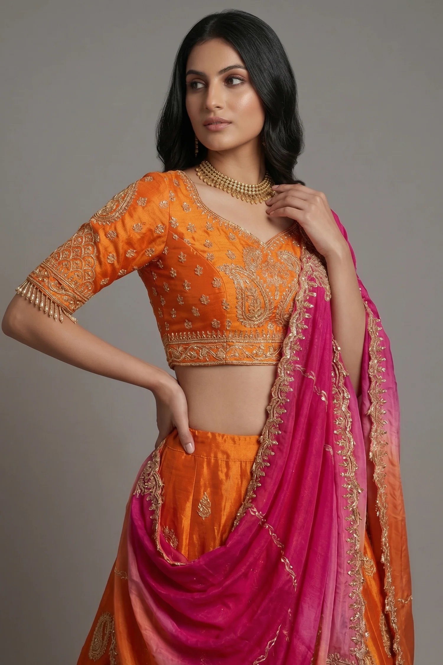 Rust Orange Tissue Zardosi and Sequins Worked Paisley Motif Lehenga - Image 2