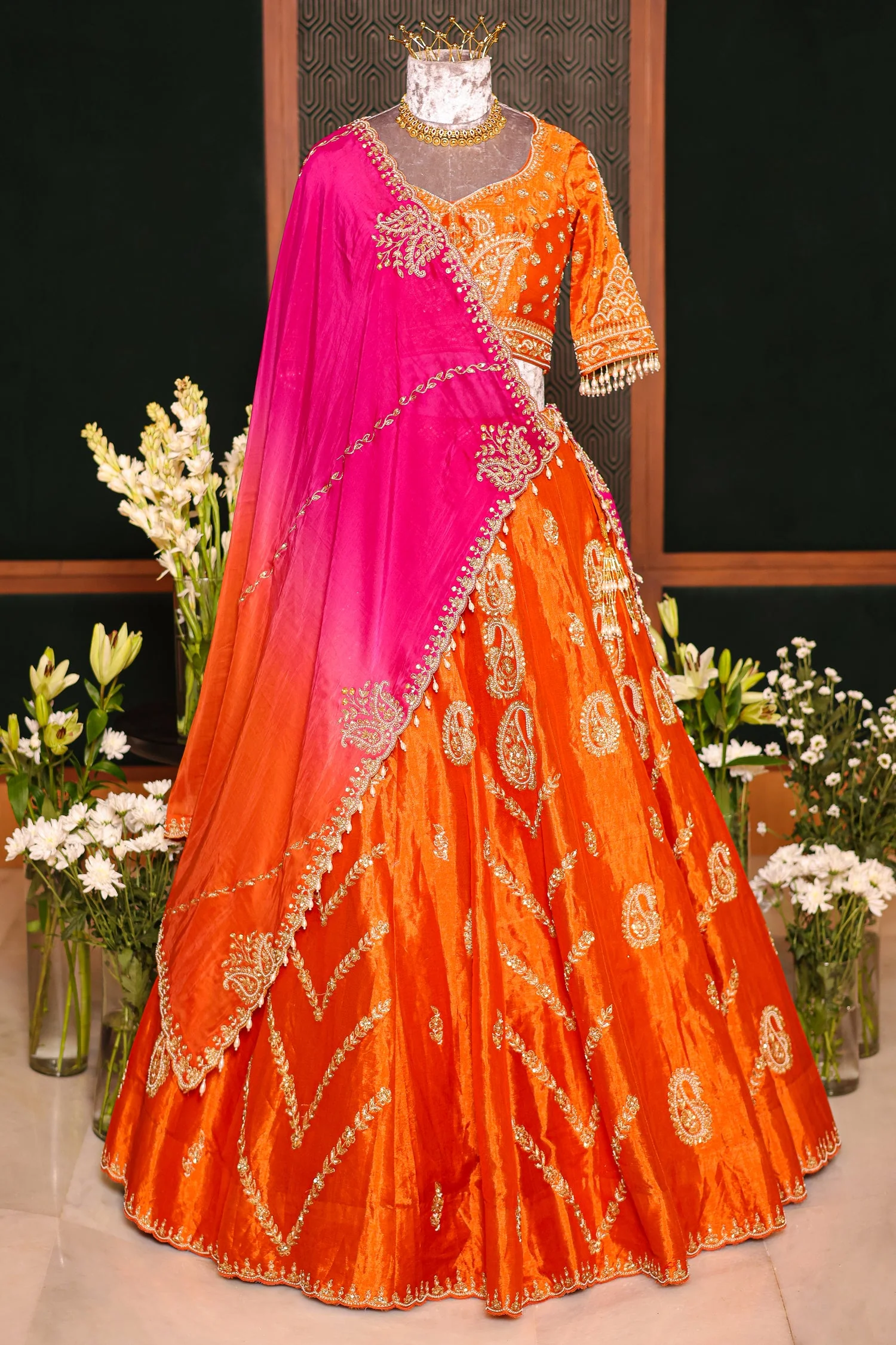 Rust Orange Tissue Zardosi and Sequins Worked Paisley Motif Lehenga - Image 3