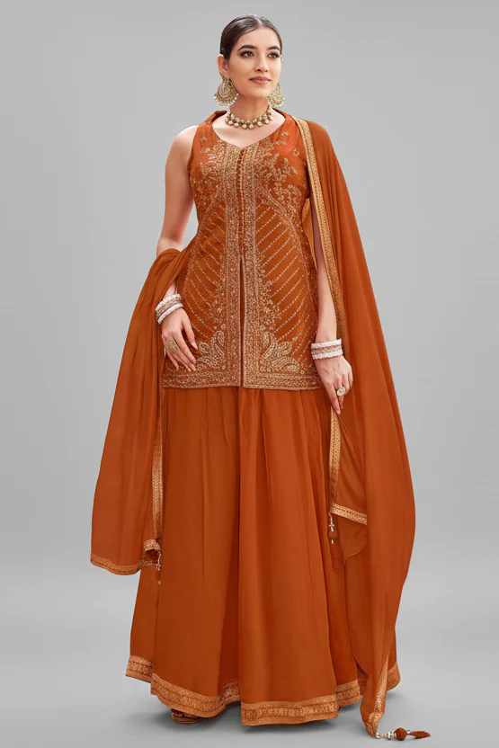 Rust Orange Woven Art Silk Palazzo Suit with Sequin Cutdana Work