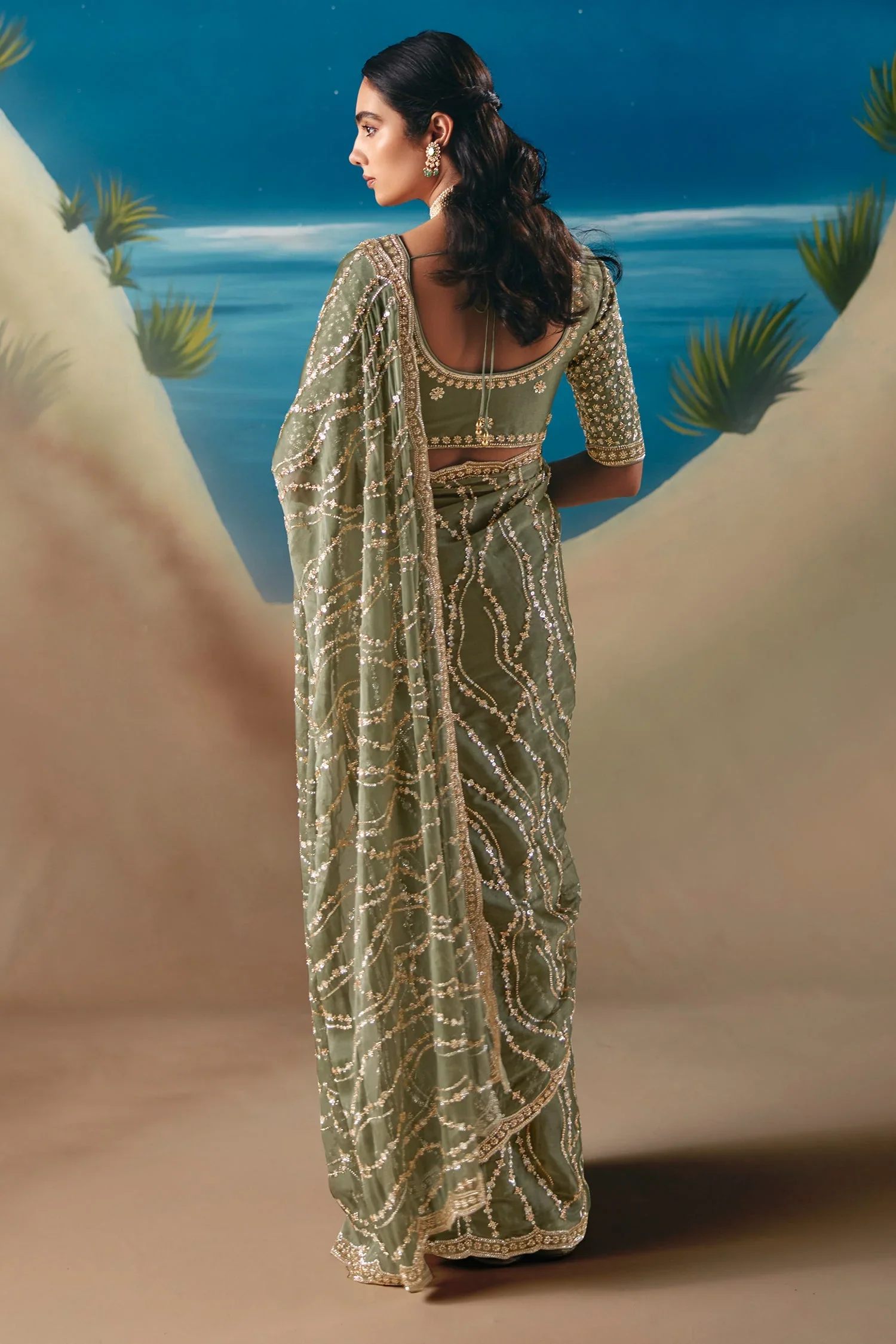 Sage Green Organza Saree with Sequin Beaded Motif - Image 3
