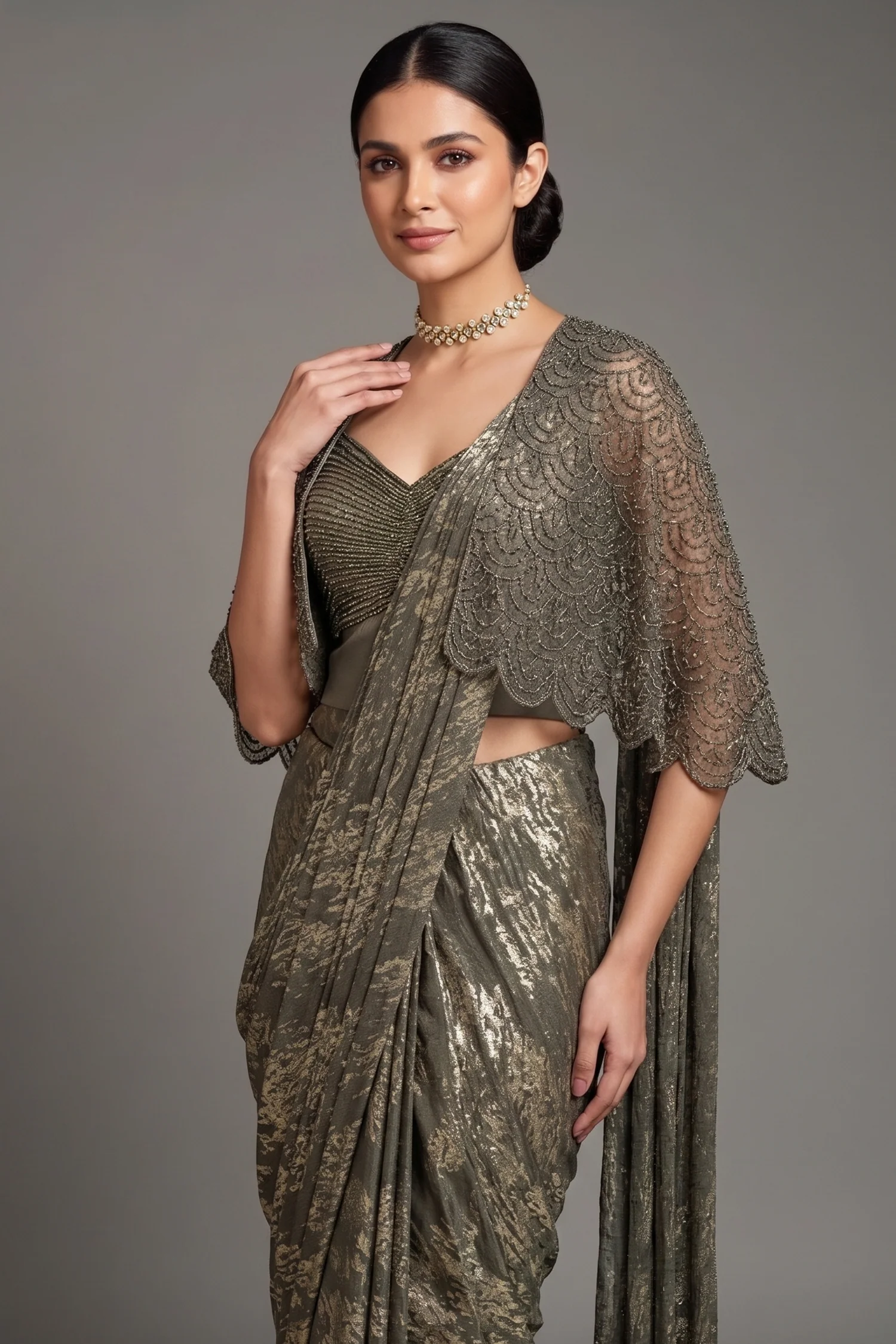 Sage Green Sequin and Beaded Pre Draped Dress with Jacket - Image 2