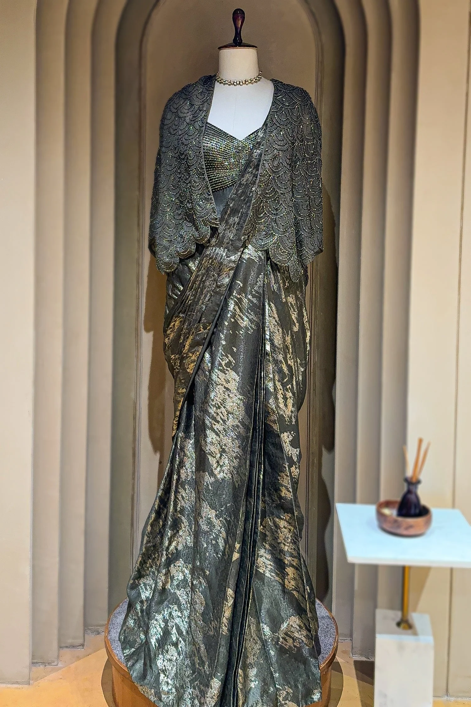 Sage Green Sequin and Beaded Pre Draped Dress with Jacket - Image 3