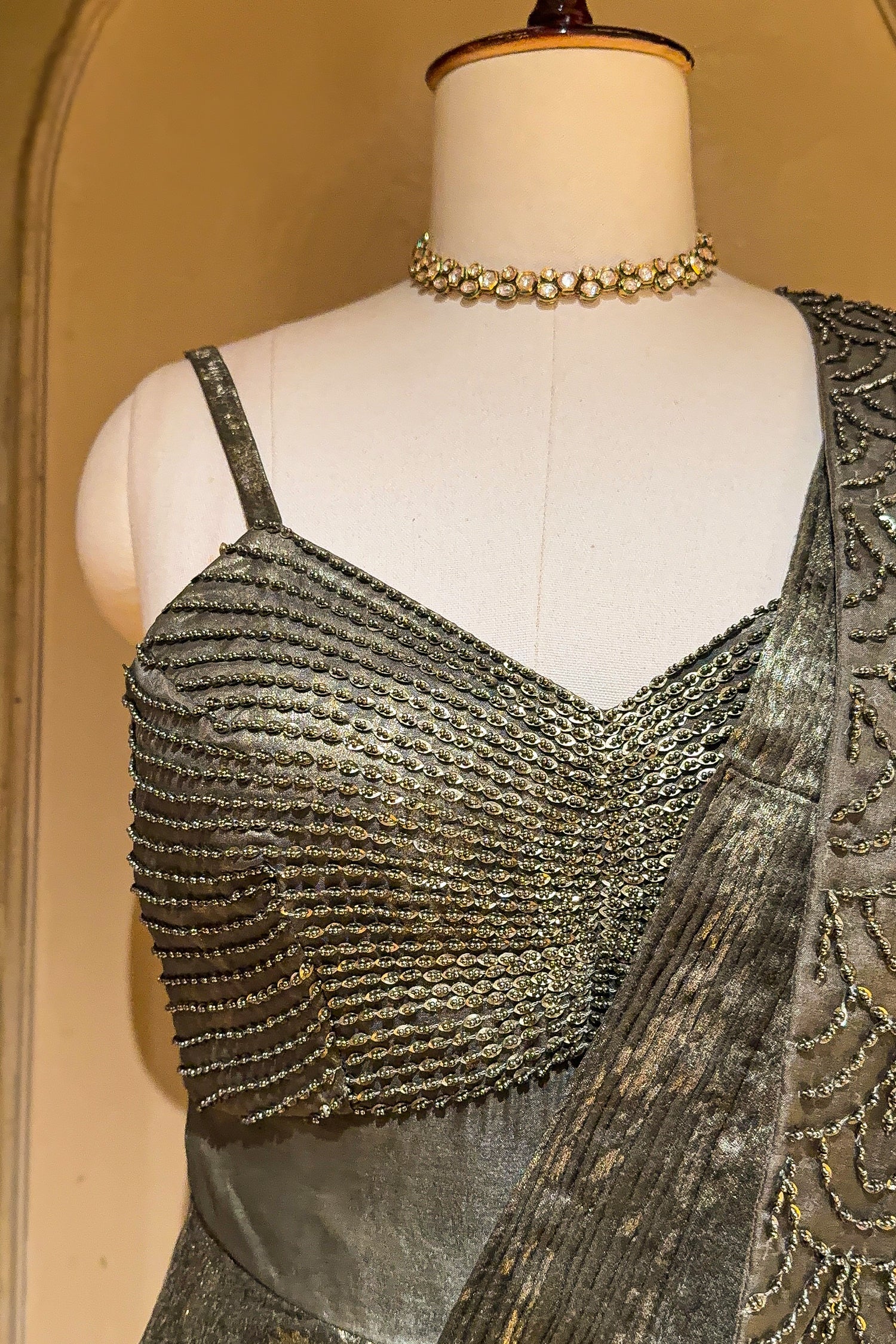 Sage Green Sequin and Beaded Pre Draped Dress with Jacket - Image 4