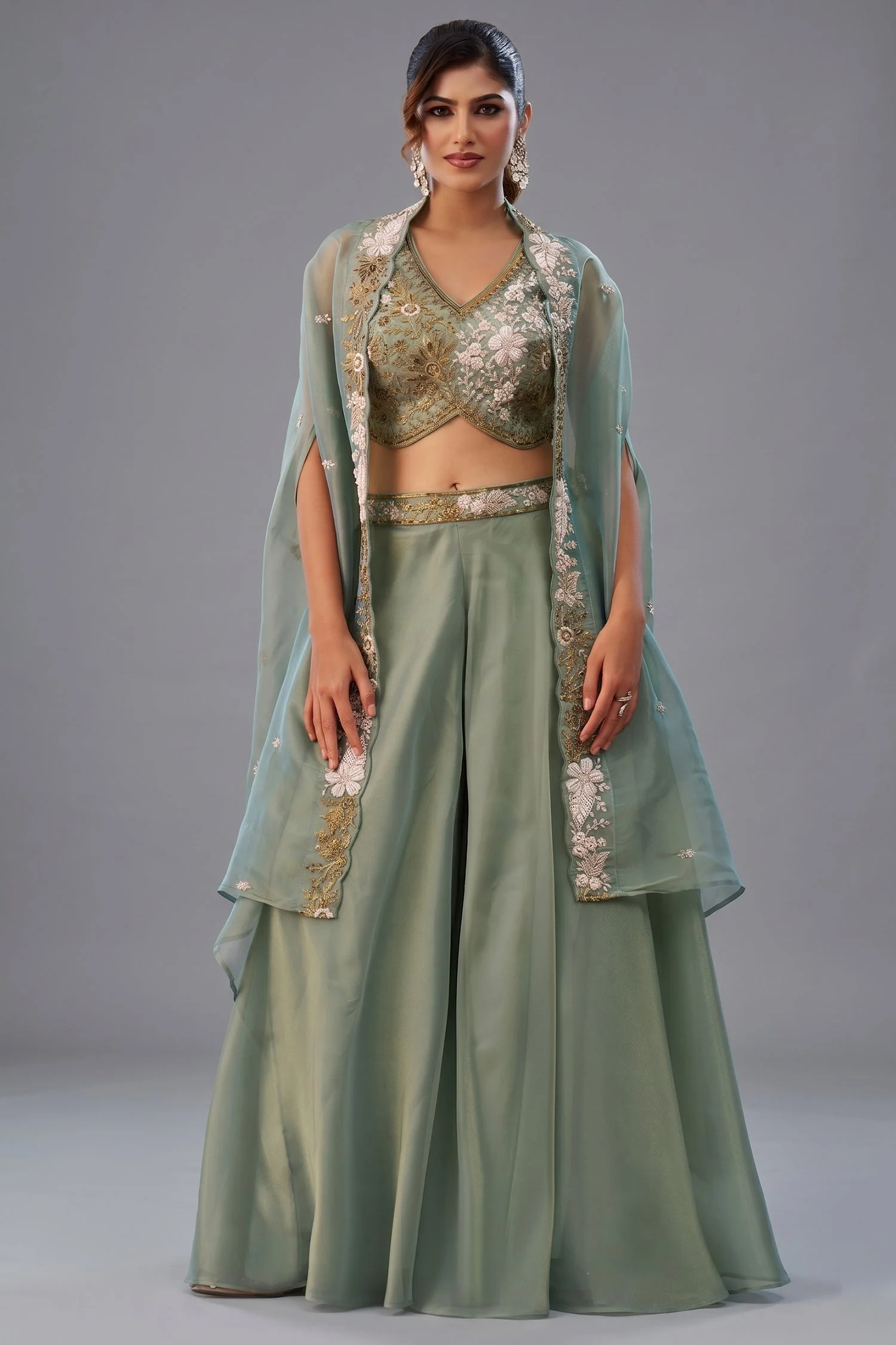 Sage Green Tissue Beads Embroidered Crop Top with Flared Cape and Palazzo Set