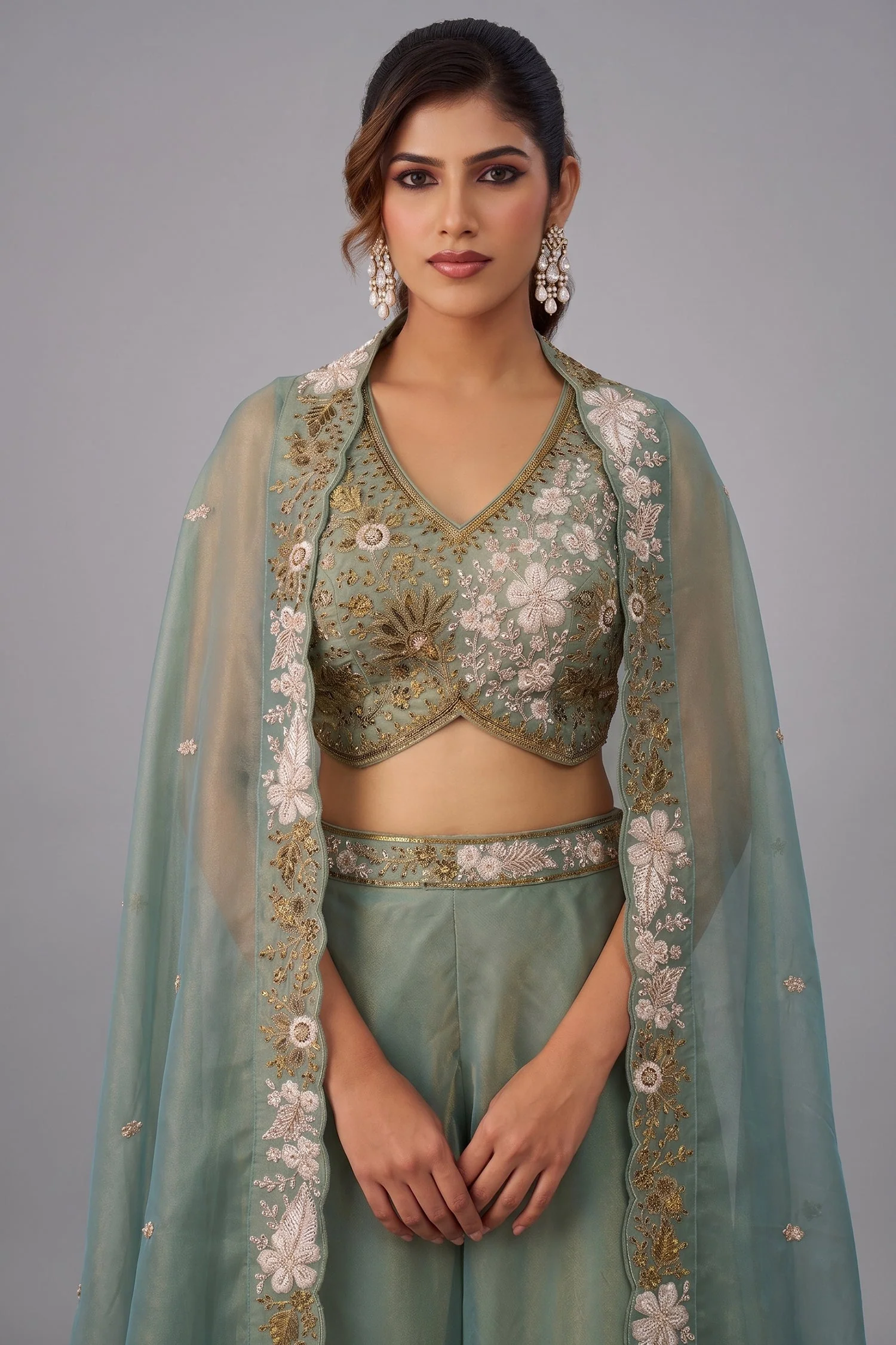 Sage Green Tissue Beads Embroidered Crop Top with Flared Cape and Palazzo Set - Image 2