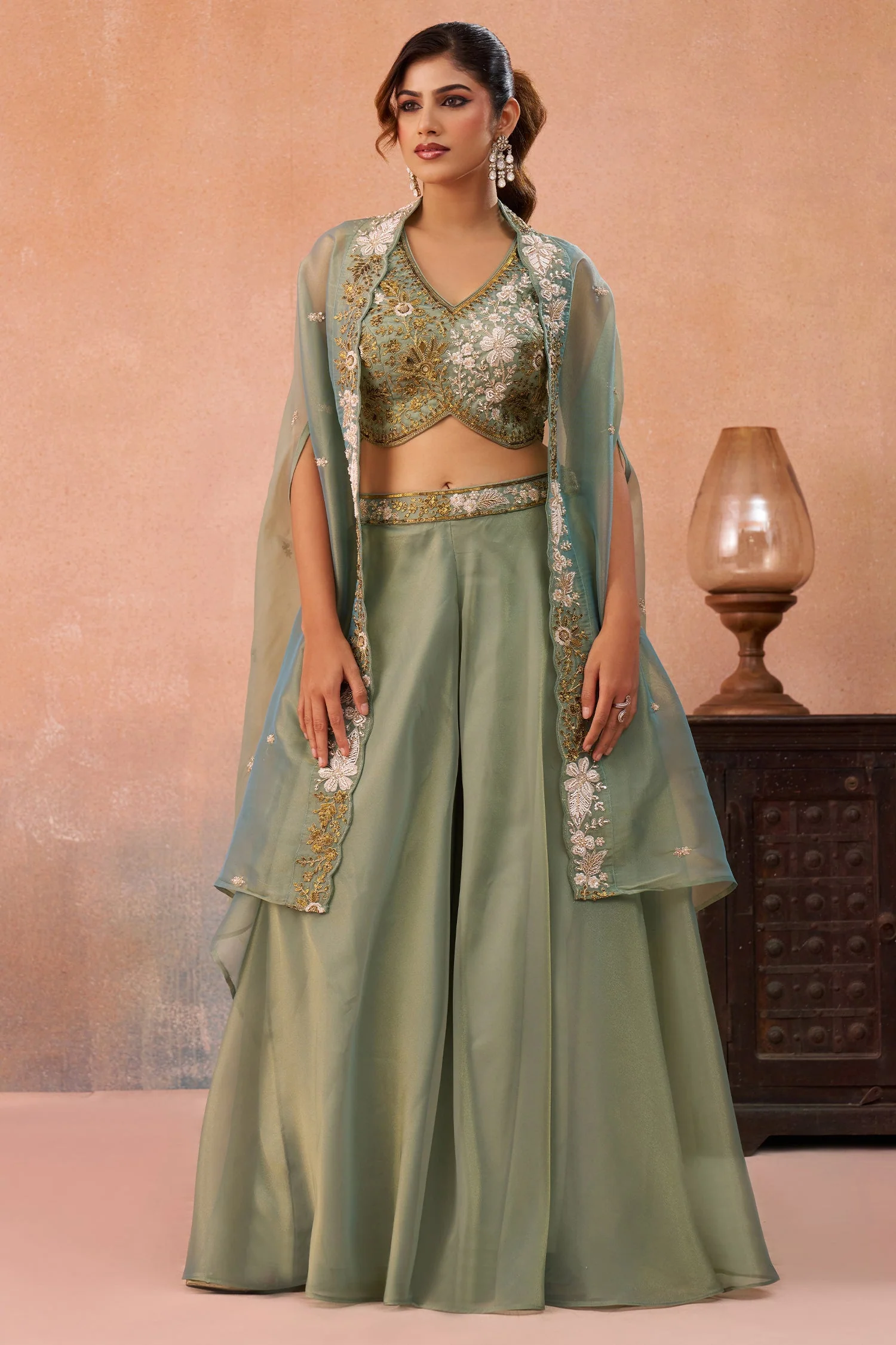 Sage Green Tissue Beads Embroidered Crop Top with Flared Cape and Palazzo Set - Image 3