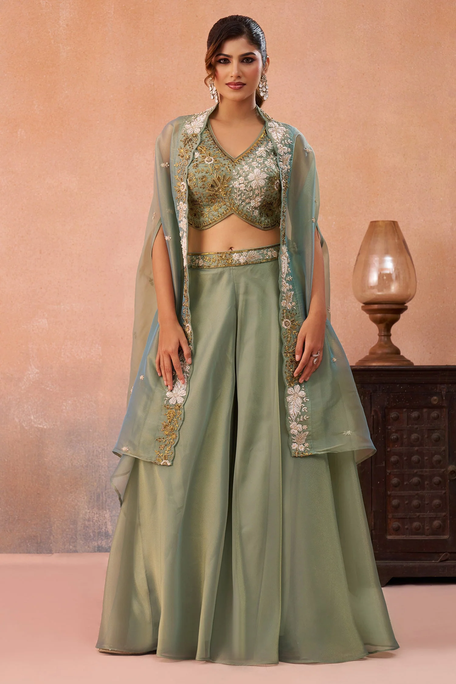 Sage Green Tissue Beads Embroidered Crop Top with Flared Cape and Palazzo Set - Image 4