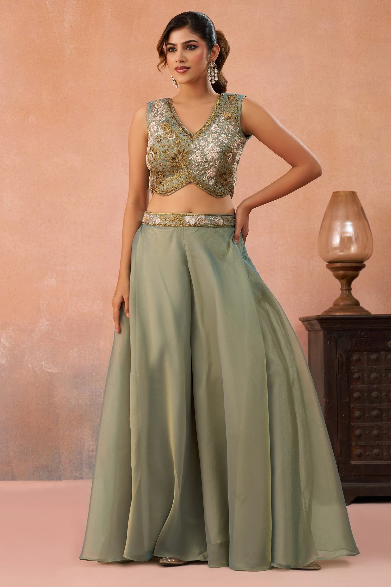 Sage Green Tissue Beads Embroidered Crop Top with Flared Cape and Palazzo Set - Image 5