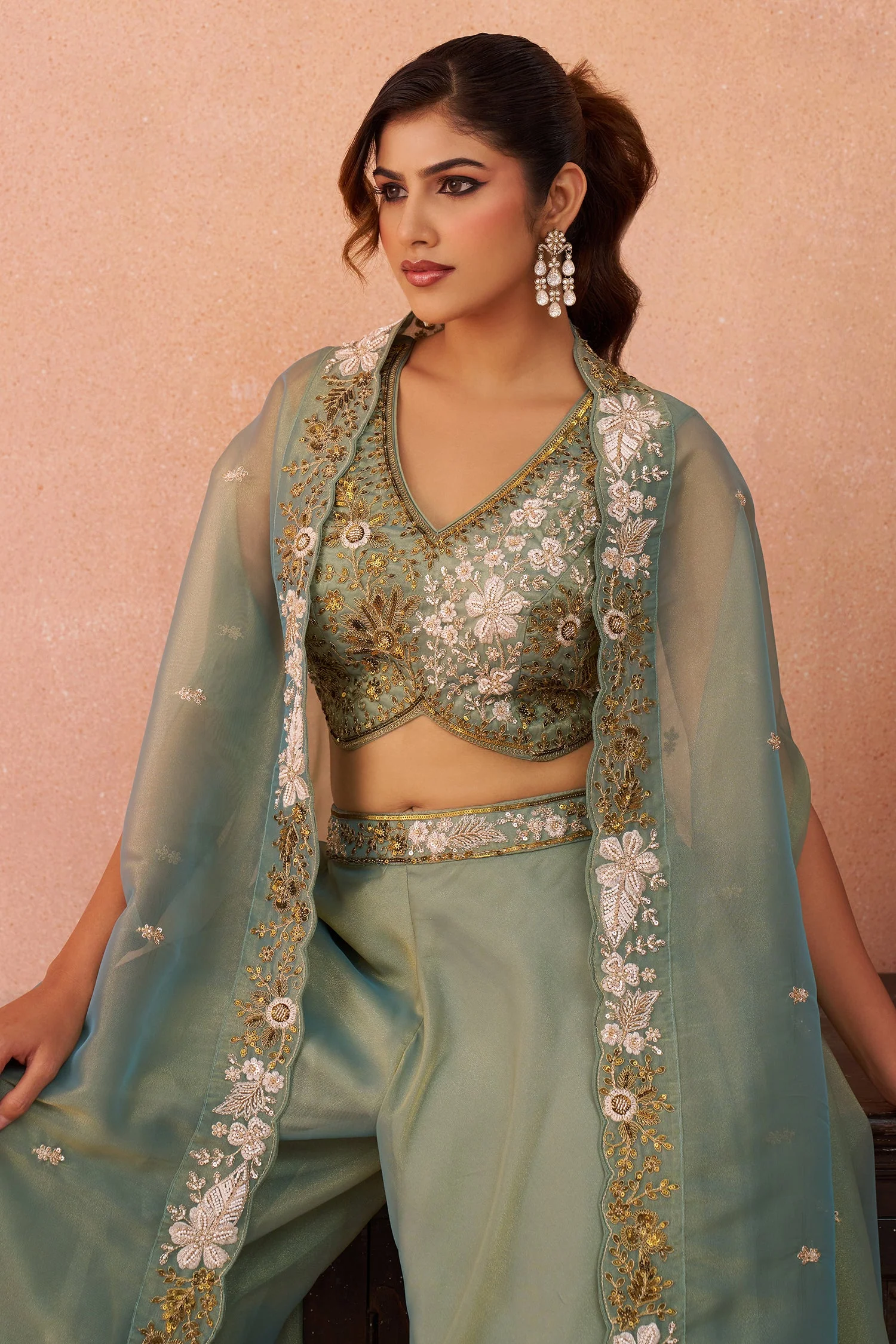 Sage Green Tissue Beads Embroidered Crop Top with Flared Cape and Palazzo Set - Image 6
