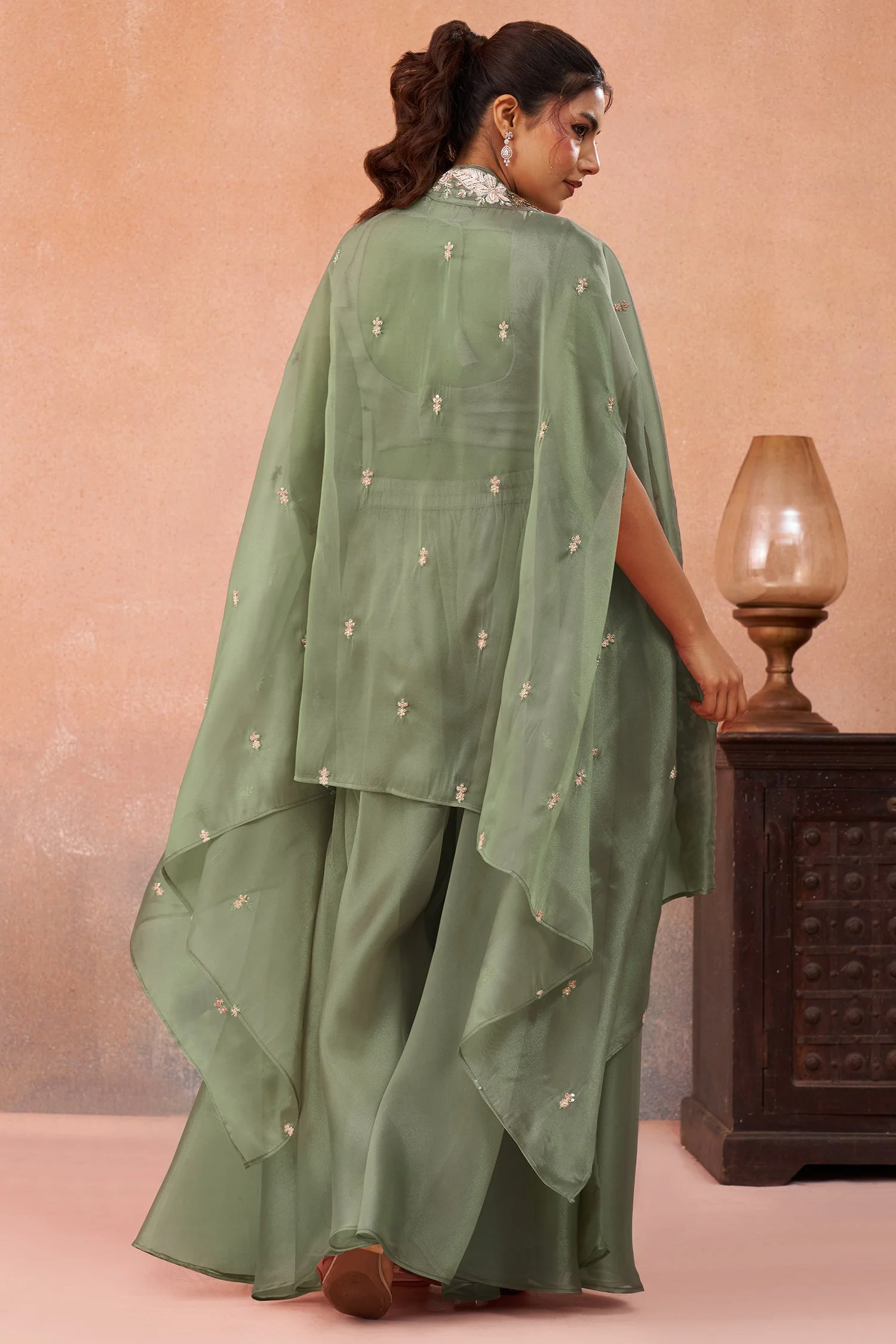Sage Green Tissue Beads Embroidered Crop Top with Flared Cape and Palazzo Set - Image 7