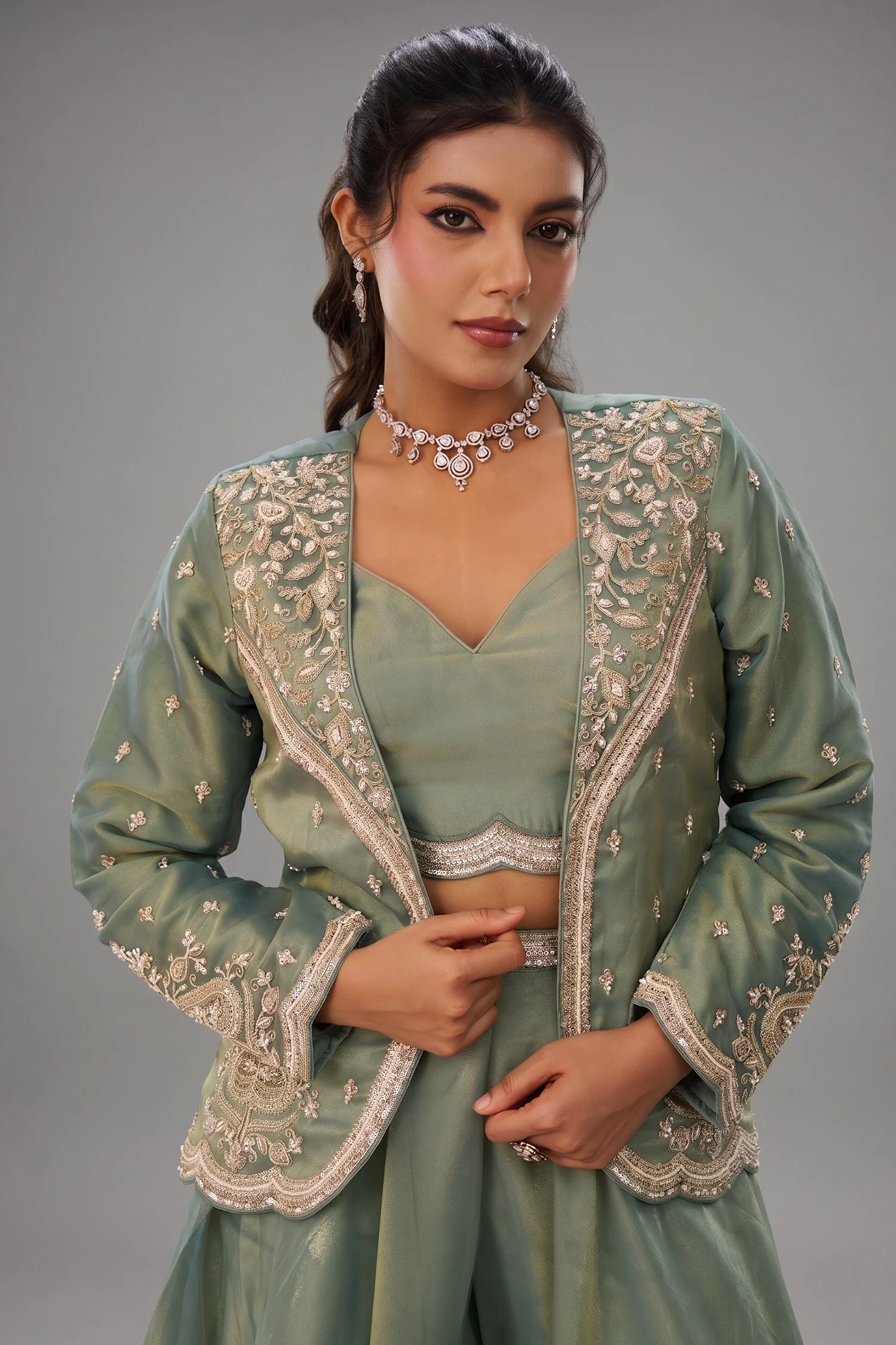 Sage Green Tissue Crop Top with Embroidered Jacket and Flared Palazzo Set - Image 2