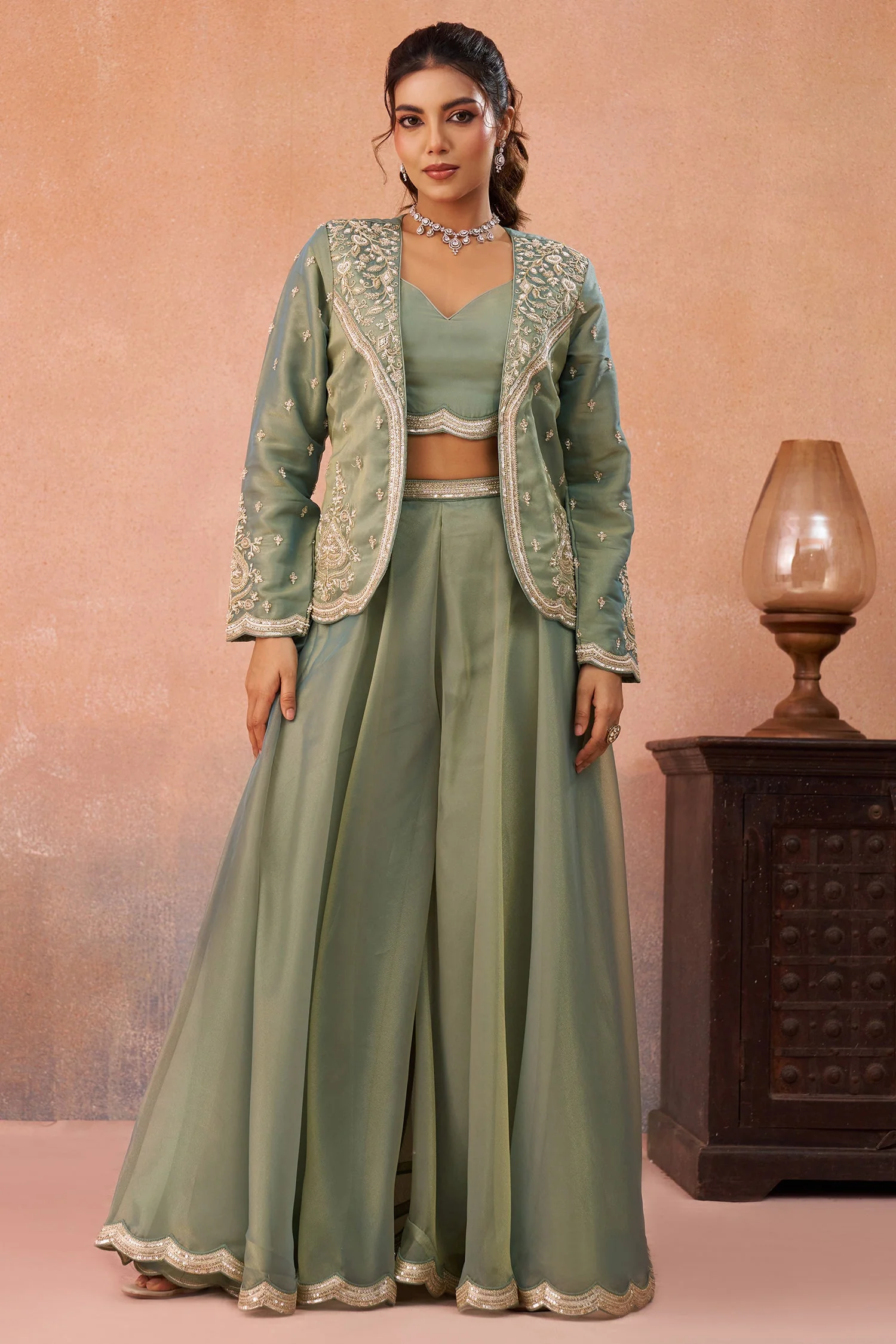 Sage Green Tissue Crop Top with Embroidered Jacket and Flared Palazzo Set - Image 3
