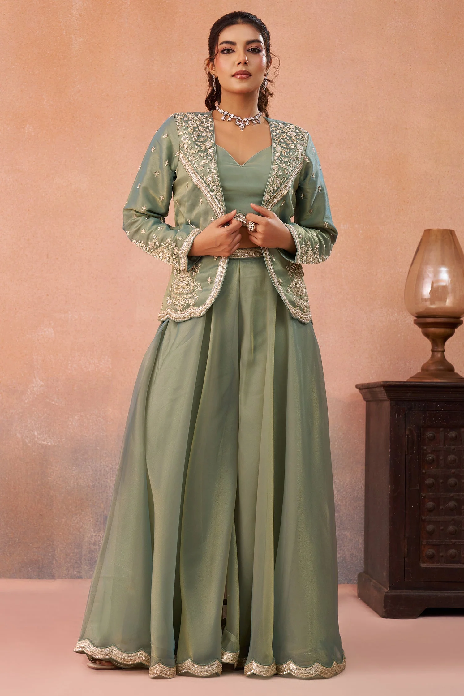 Sage Green Tissue Crop Top with Embroidered Jacket and Flared Palazzo Set - Image 4