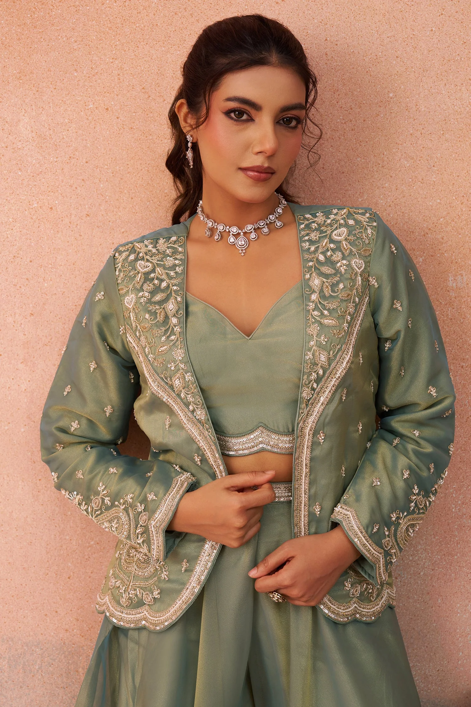Sage Green Tissue Crop Top with Embroidered Jacket and Flared Palazzo Set - Image 5