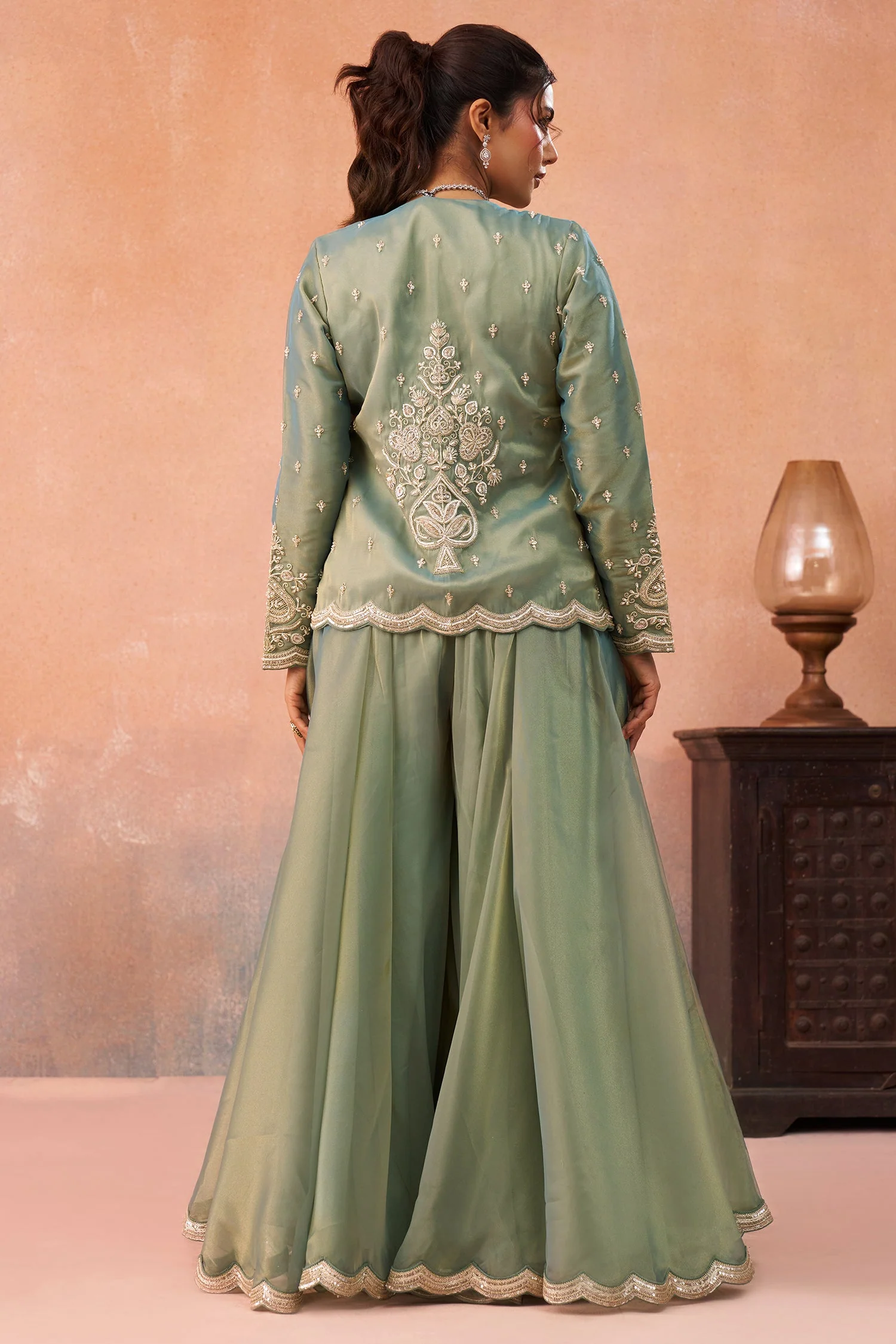 Sage Green Tissue Crop Top with Embroidered Jacket and Flared Palazzo Set - Image 6