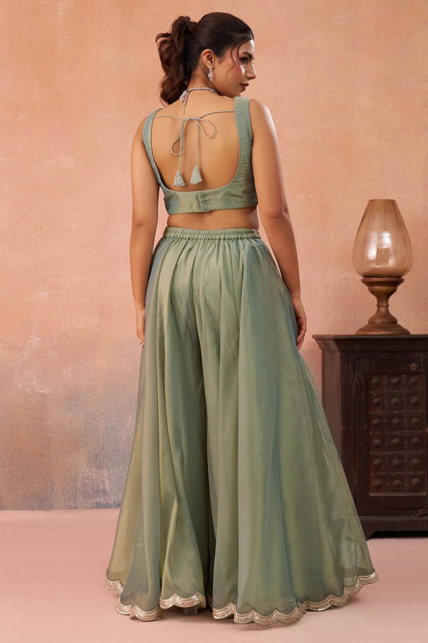 Sage Green Tissue Crop Top with Embroidered Jacket and Flared Palazzo Set - Image 7