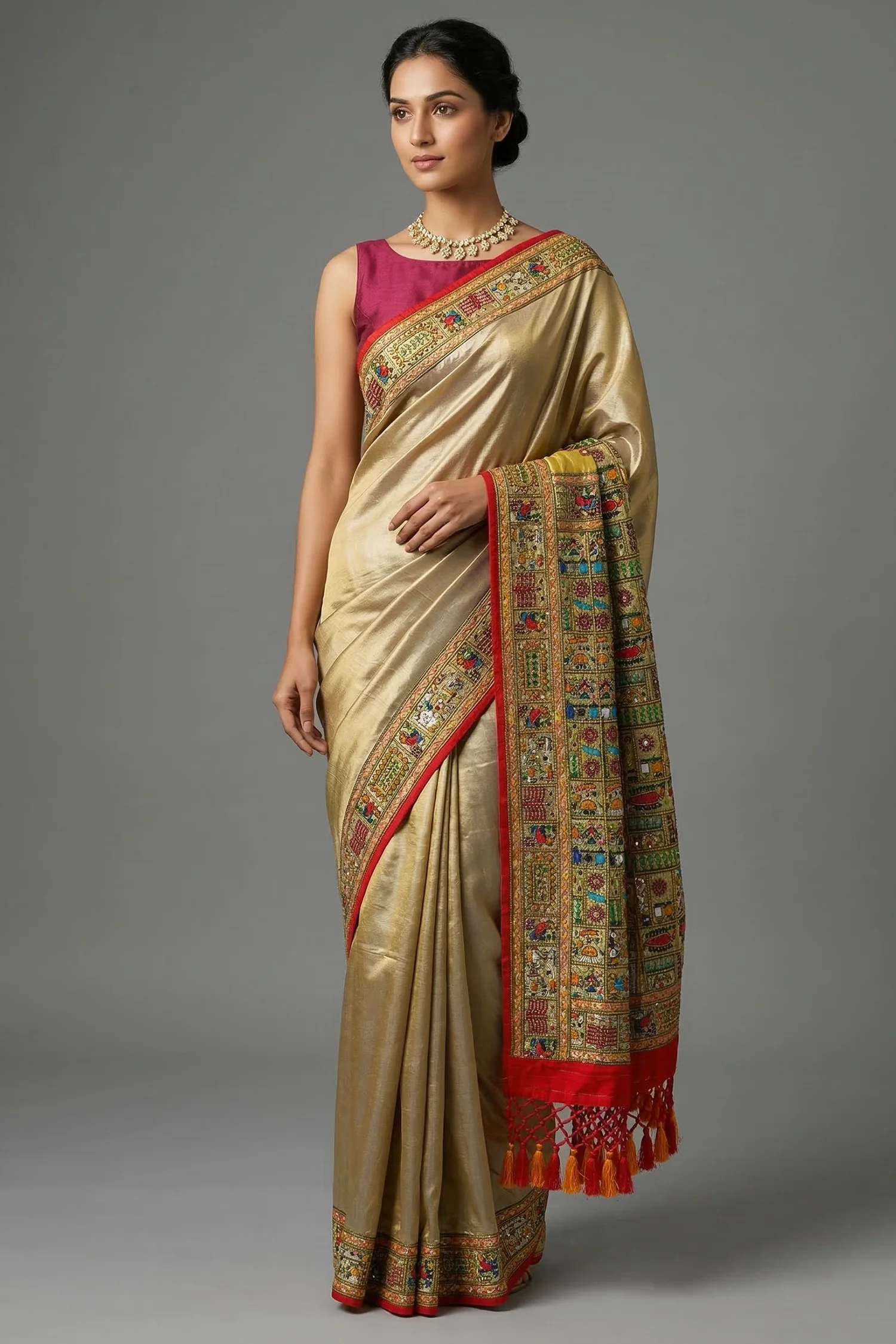 Sage Green Two Toned Art Silk Saree with Thread Embroidered Pallu and Border