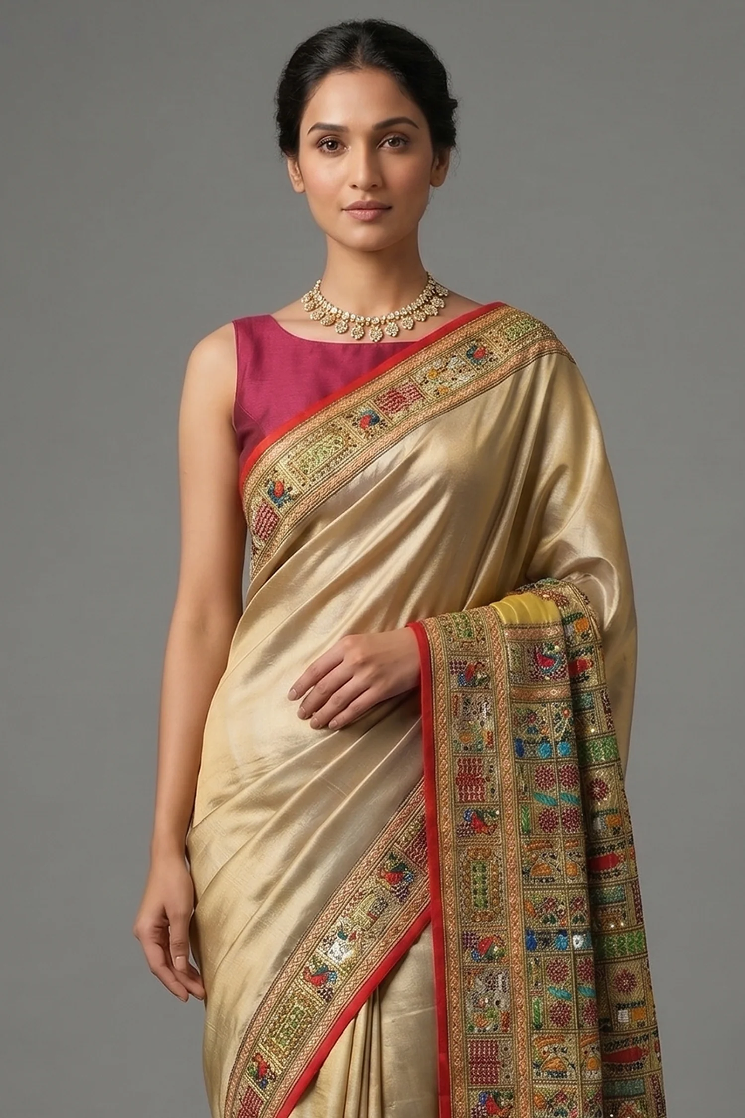 Sage Green Two Toned Art Silk Saree with Thread Embroidered Pallu and Border - Image 2