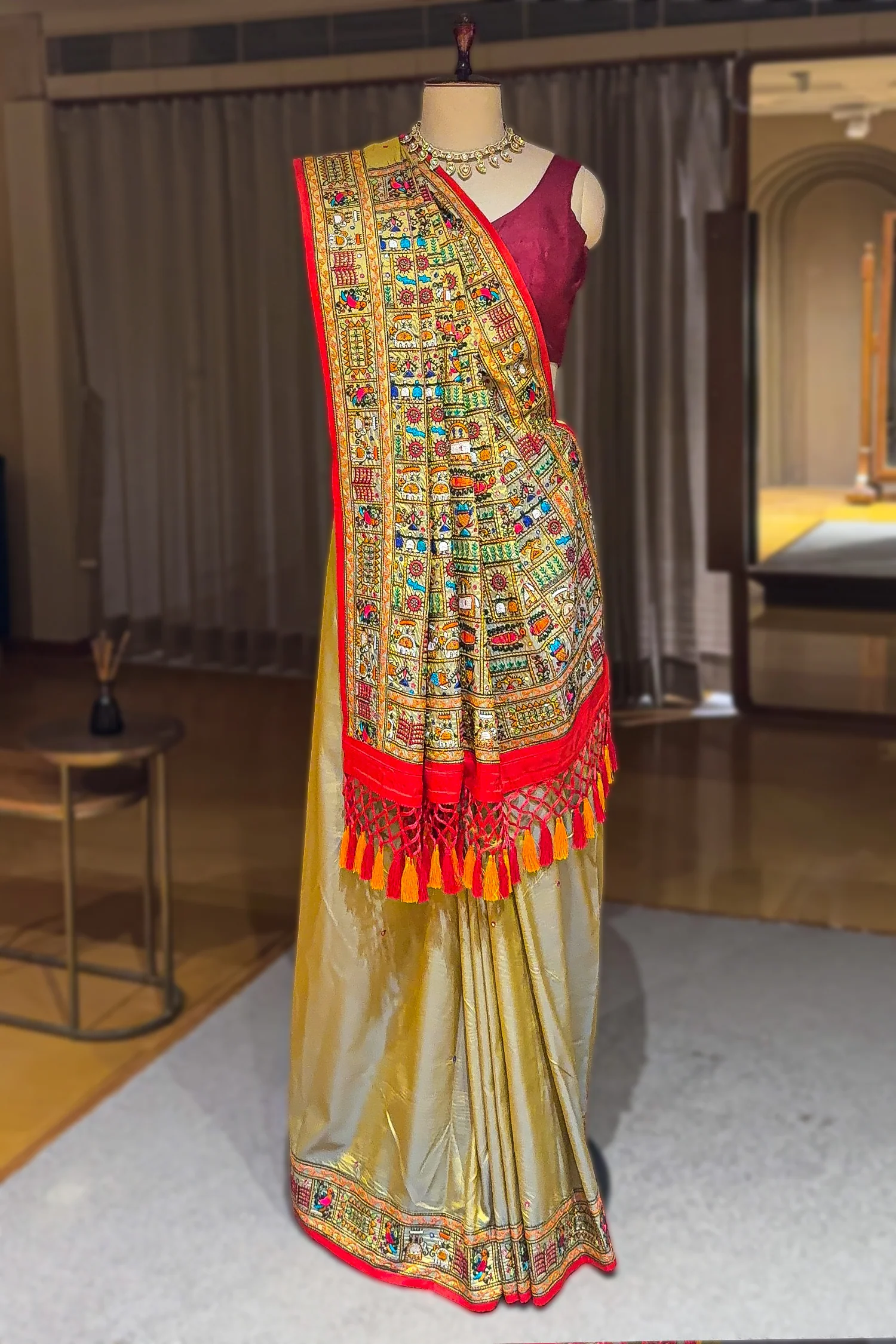 Sage Green Two Toned Art Silk Saree with Thread Embroidered Pallu and Border - Image 3