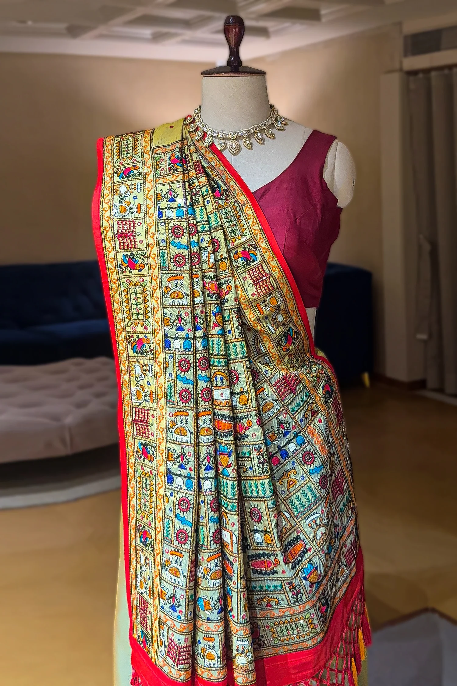 Sage Green Two Toned Art Silk Saree with Thread Embroidered Pallu and Border - Image 4