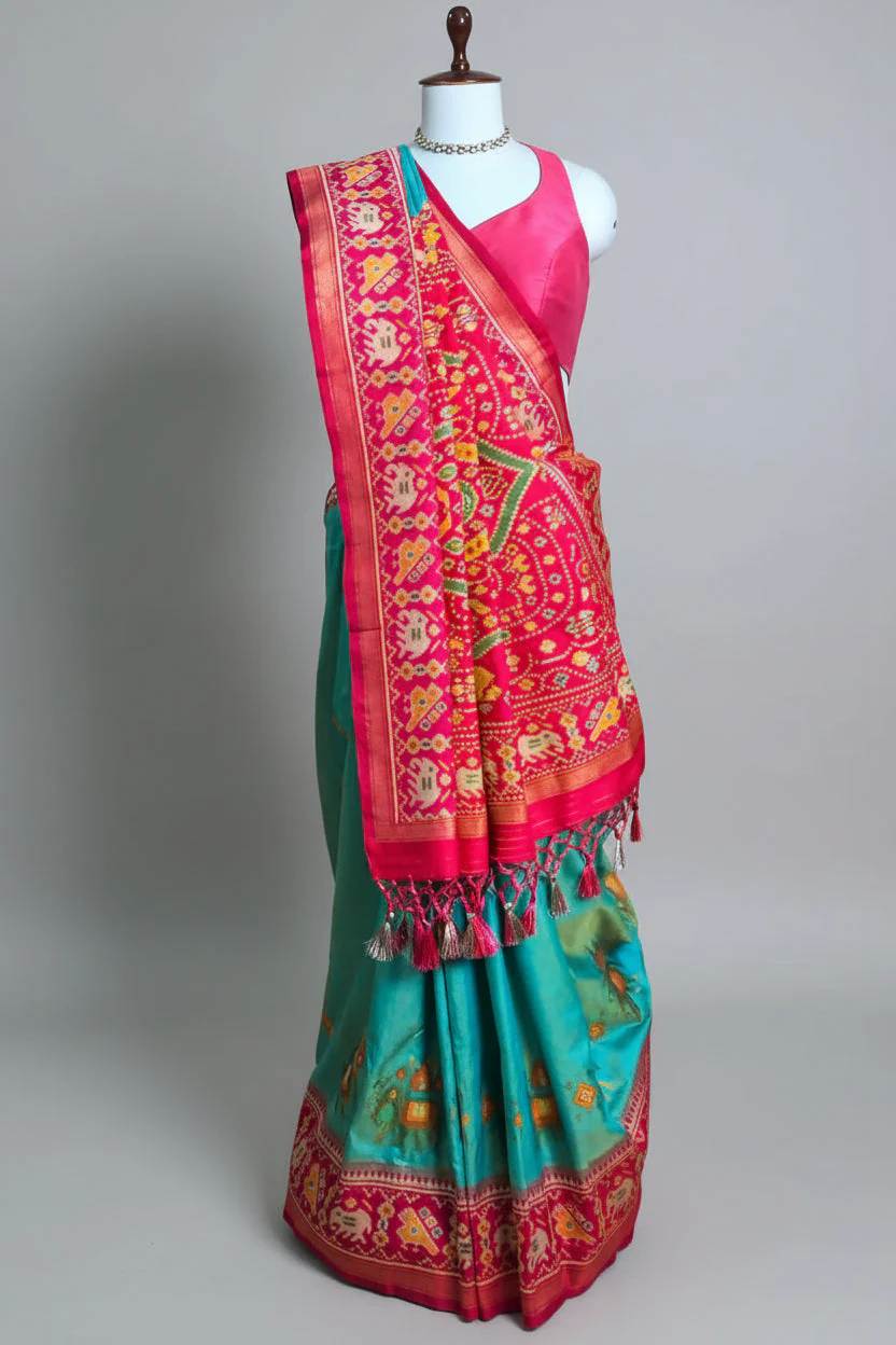 Sea Green Art Silk Saree with Patola Border and Contrast Pallu - Image 3