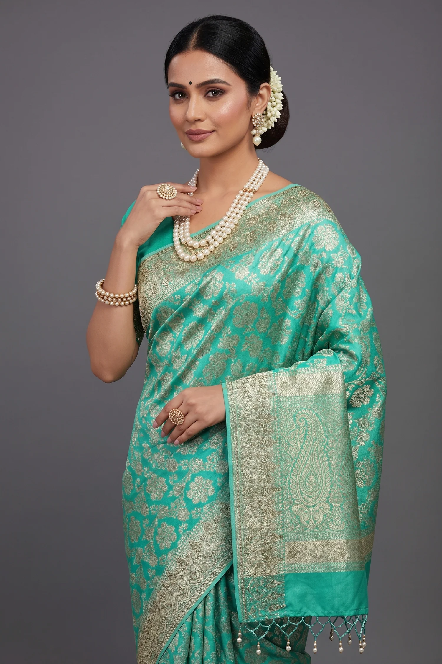 Sea Green Banarasi Silk Traditional Floral Woven Saree with Gota Beads Work - Image 2