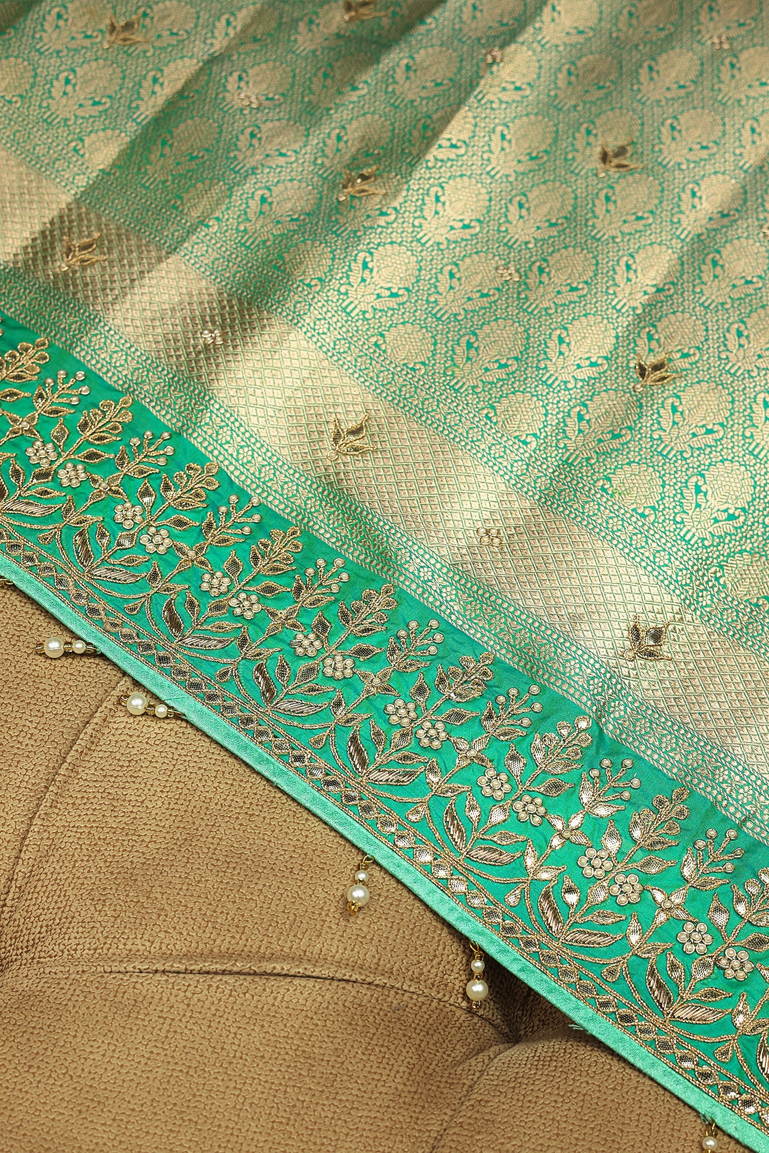 Sea Green Banarasi Silk Traditional Floral Woven Saree with Gota Beads Work - Image 6