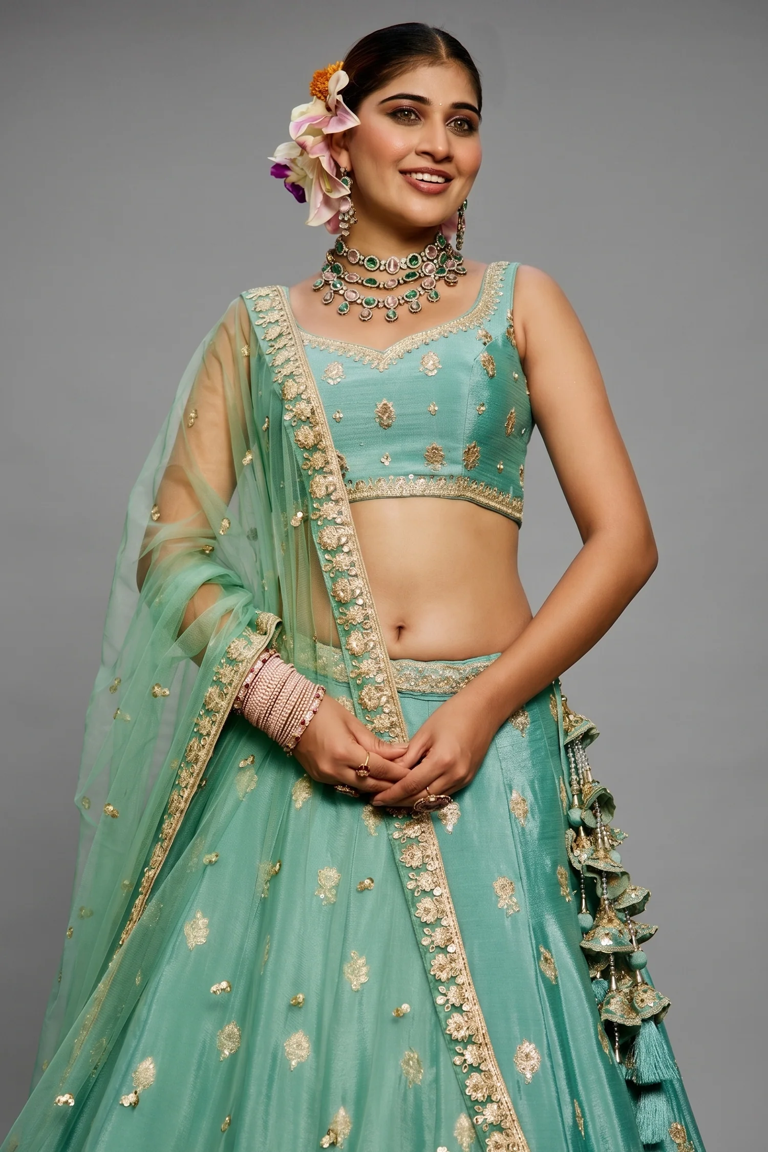 Sea Green Chinon Chiffon Sequins Embroidery Lehenga - Image 2