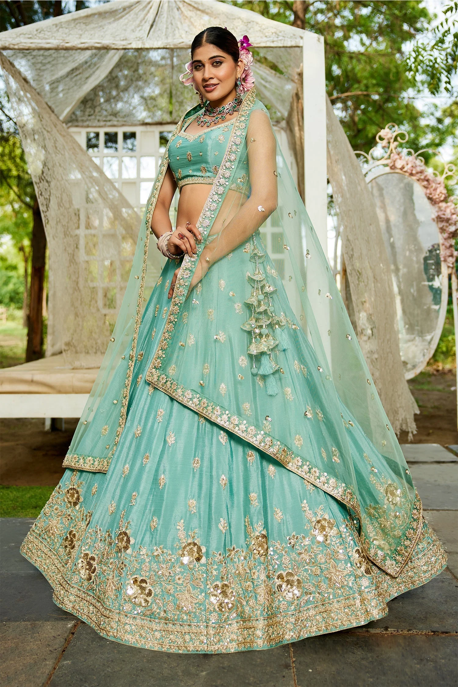 Sea Green Chinon Chiffon Sequins Embroidery Lehenga - Image 5