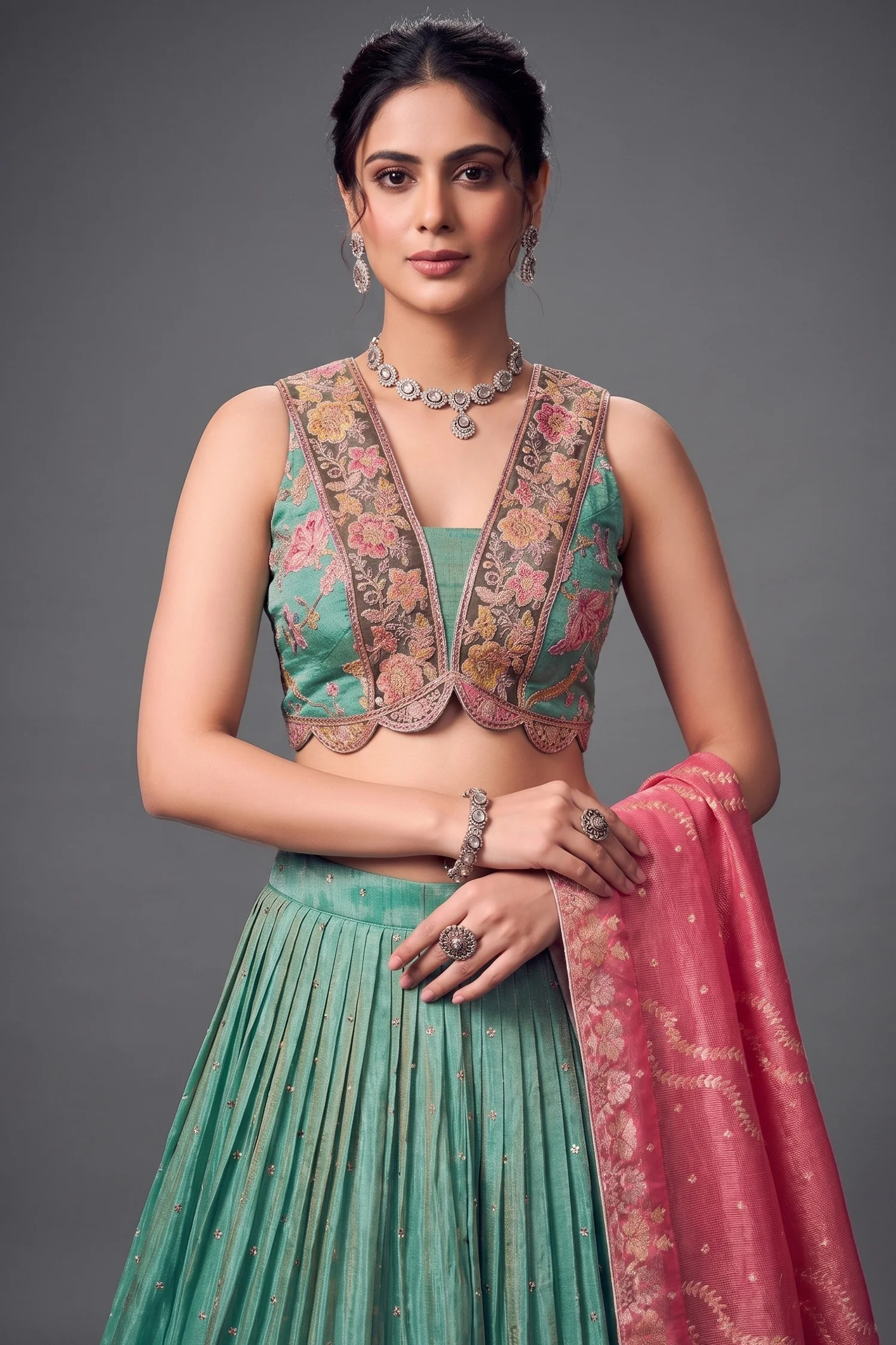 Sea Green Chinon Floral Printed Lehenga with Sequin Work - Image 2