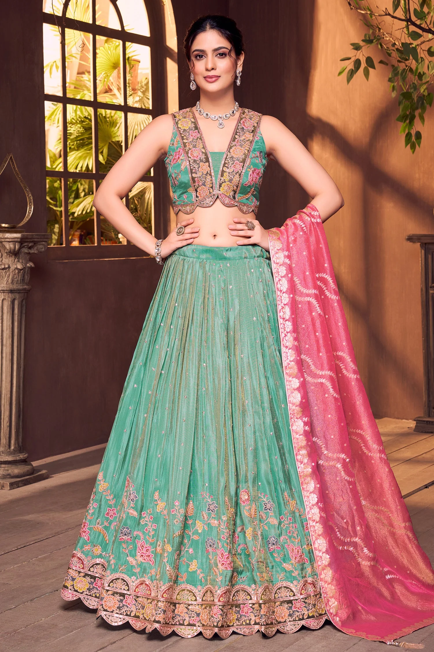 Sea Green Chinon Floral Printed Lehenga with Sequin Work - Image 3
