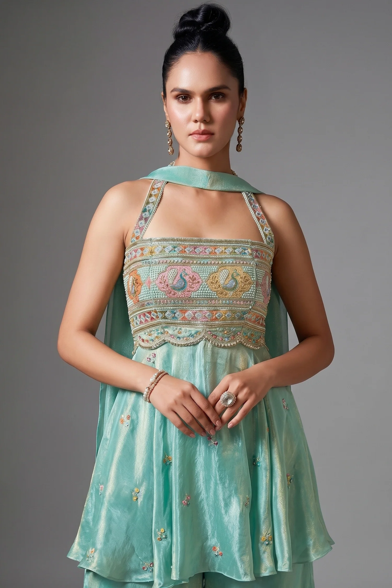 Sea Green Crepe Tissue Silk Halter Neck Embroidered Palazzo Suit - Image 2