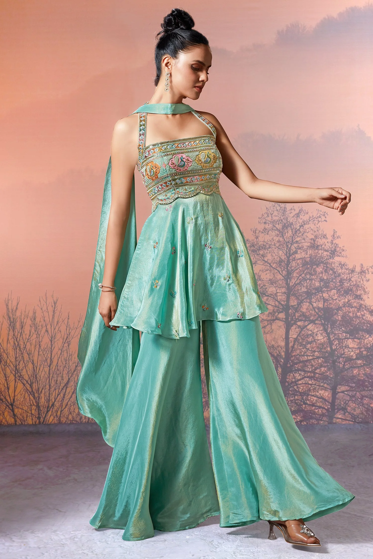 Sea Green Crepe Tissue Silk Halter Neck Embroidered Palazzo Suit - Image 3