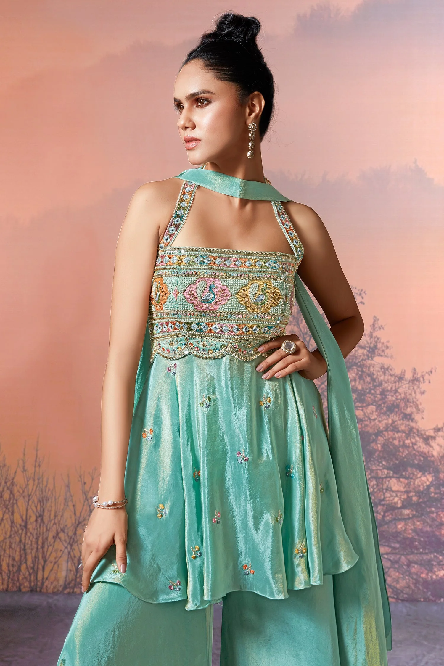 Sea Green Crepe Tissue Silk Halter Neck Embroidered Palazzo Suit - Image 4