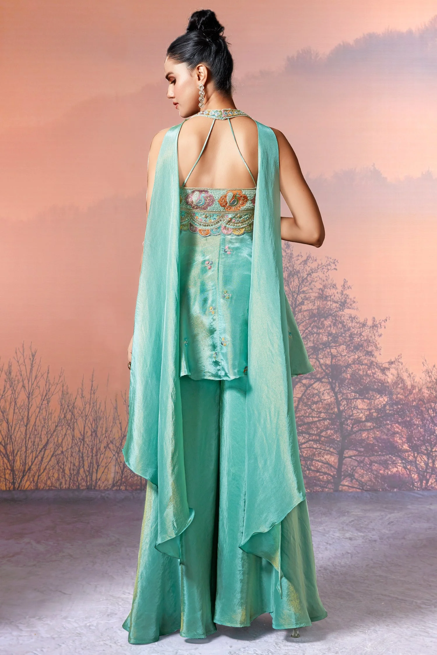 Sea Green Crepe Tissue Silk Halter Neck Embroidered Palazzo Suit - Image 5