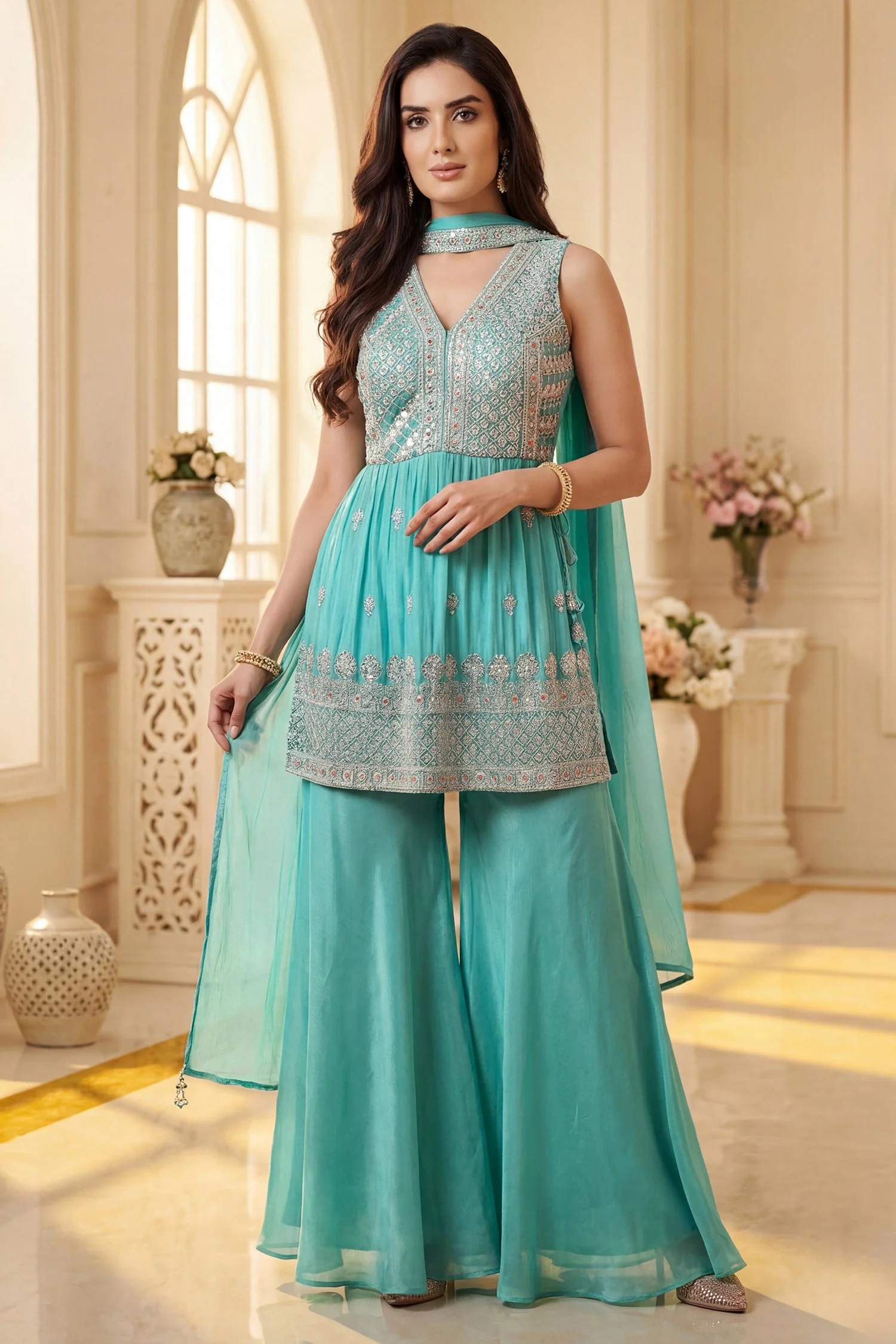 Sea Green Glass Tissue Organza Embroidered Palazzo Suit - Image 2
