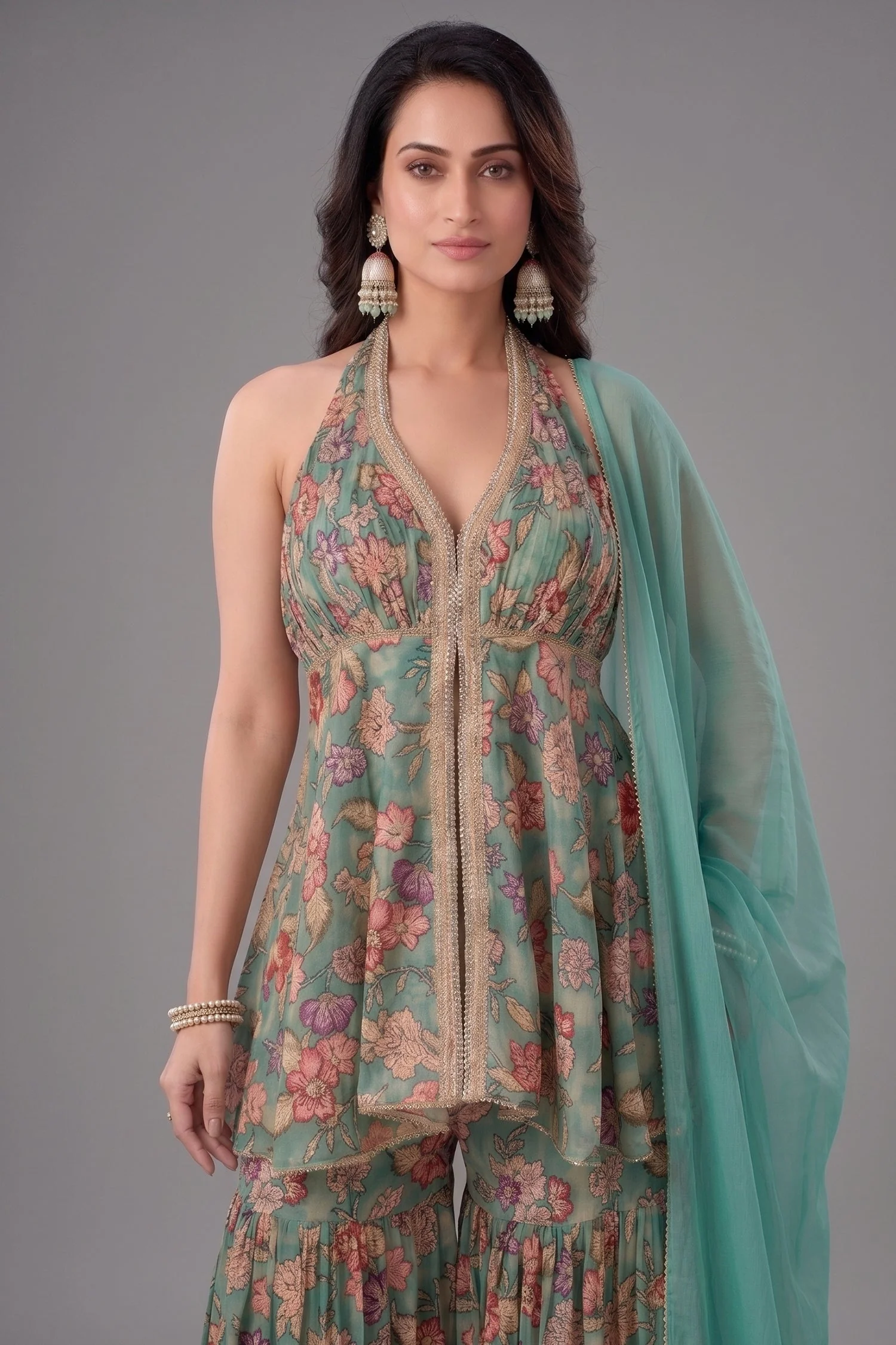 Sea Green Tissue Floral Printed and Sequin Worked Sharara Suit - Image 2