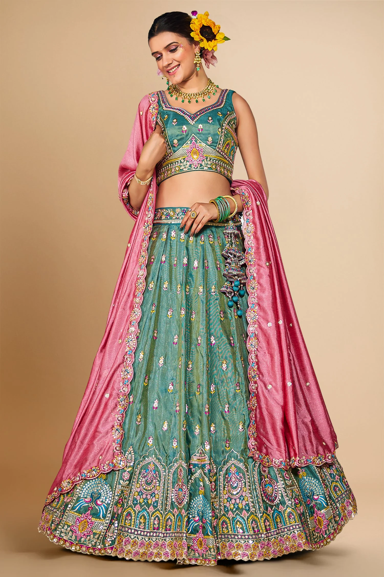 Sea Green Tissue Sequin Embroidery Lehenga