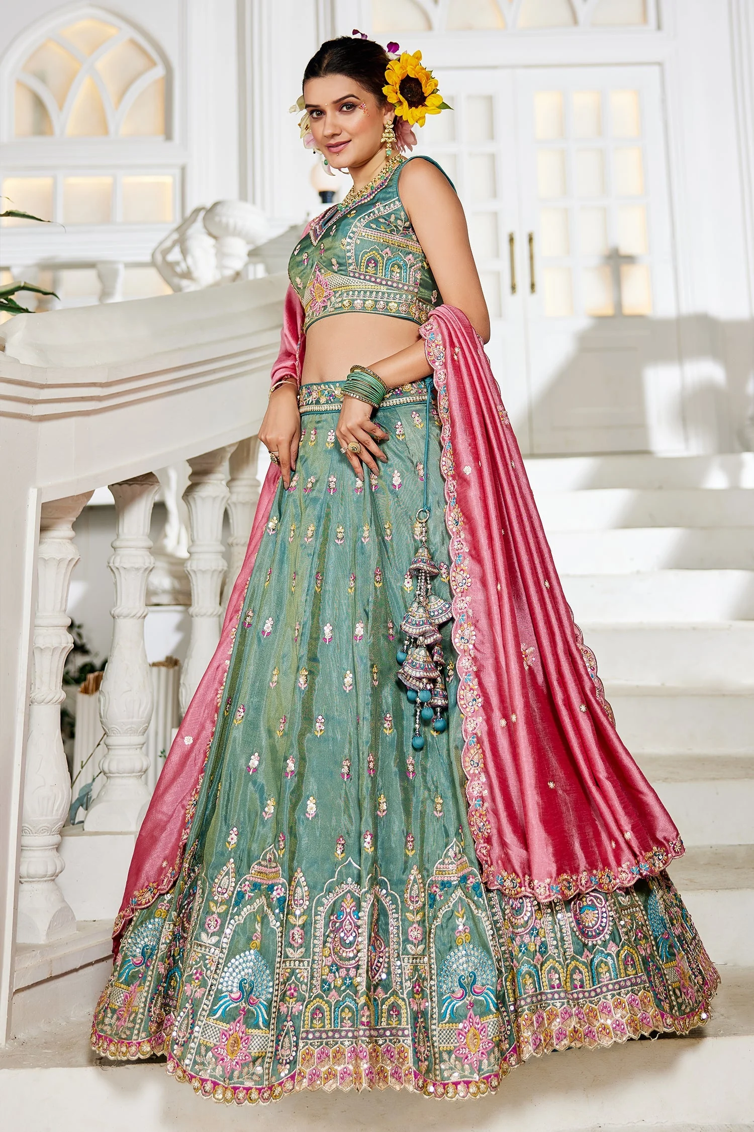 Sea Green Tissue Sequin Embroidery Lehenga - Image 3