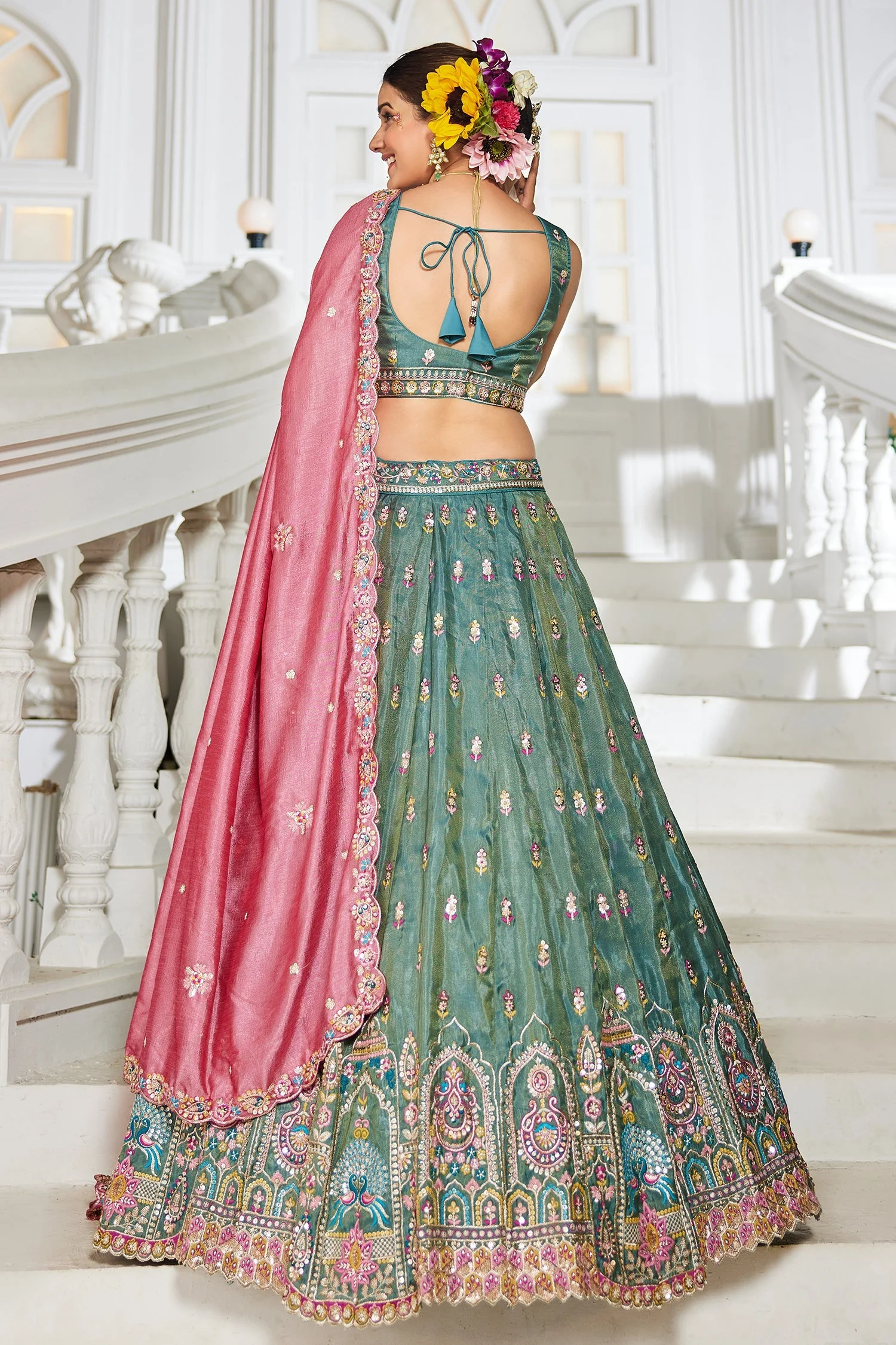 Sea Green Tissue Sequin Embroidery Lehenga - Image 4