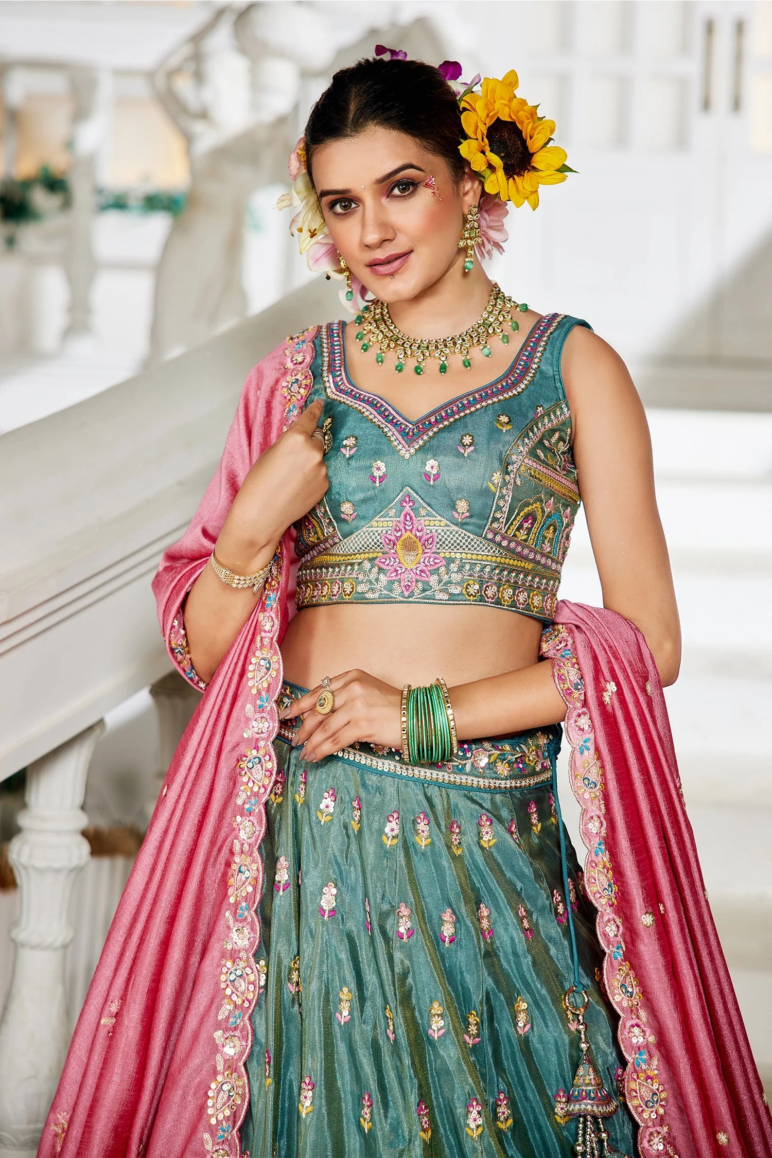 Sea Green Tissue Sequin Embroidery Lehenga - Image 5