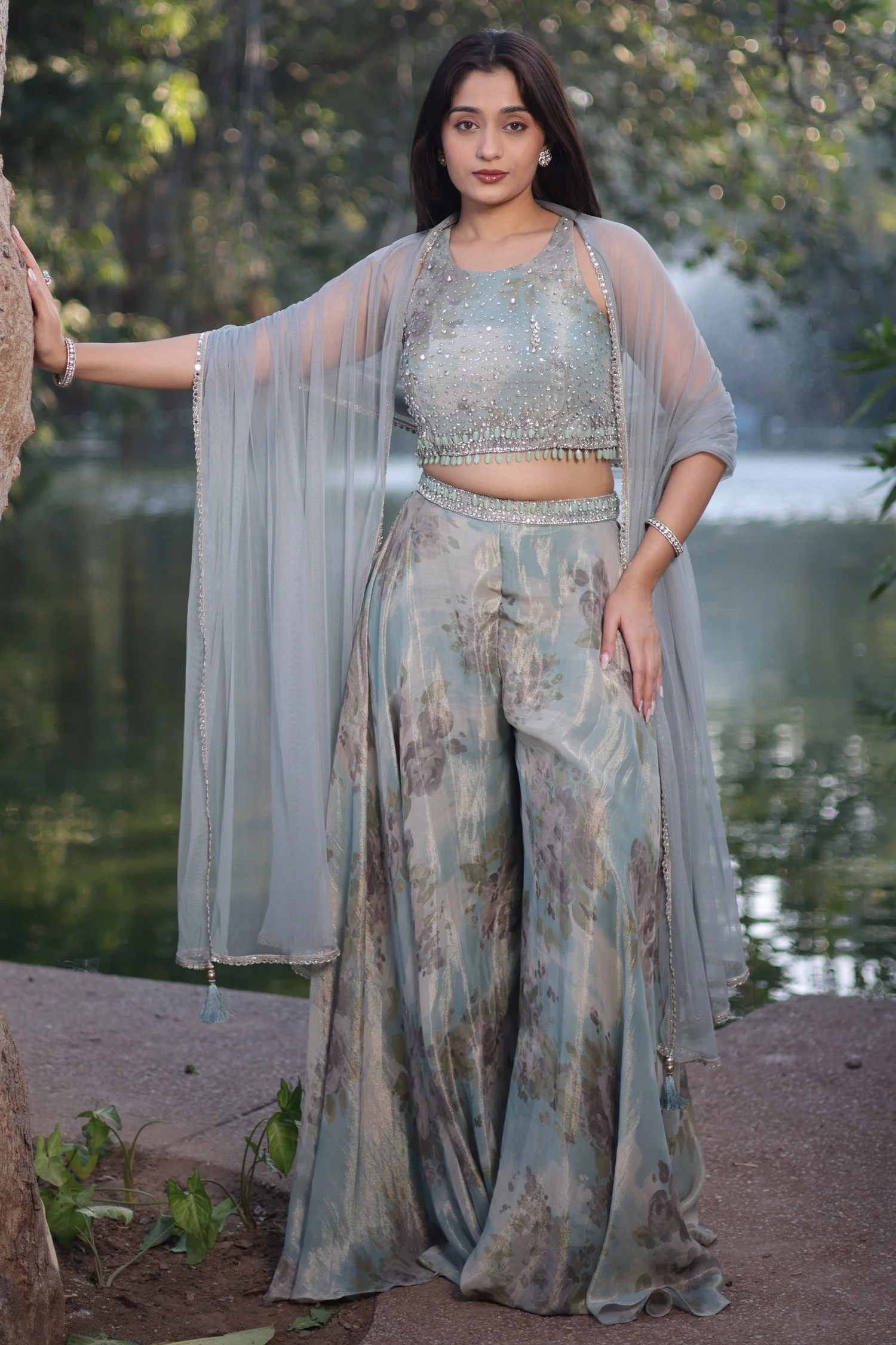 Sea Green Tissue Silk Floral Printed Crop Top Palazzo with Dupatta - Image 2