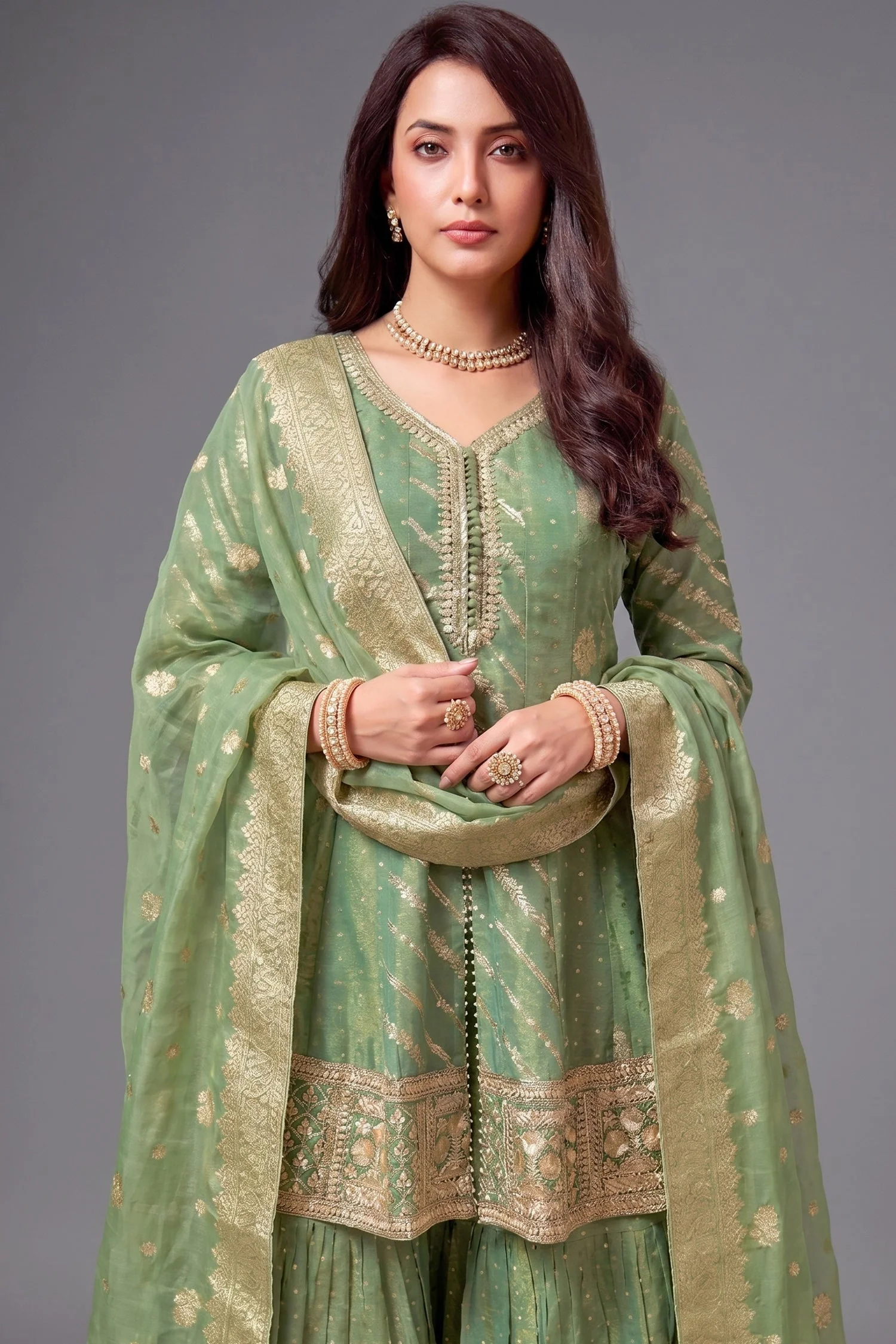 Sea Green Tissue Silk Woven Sharara Suit - Image 2