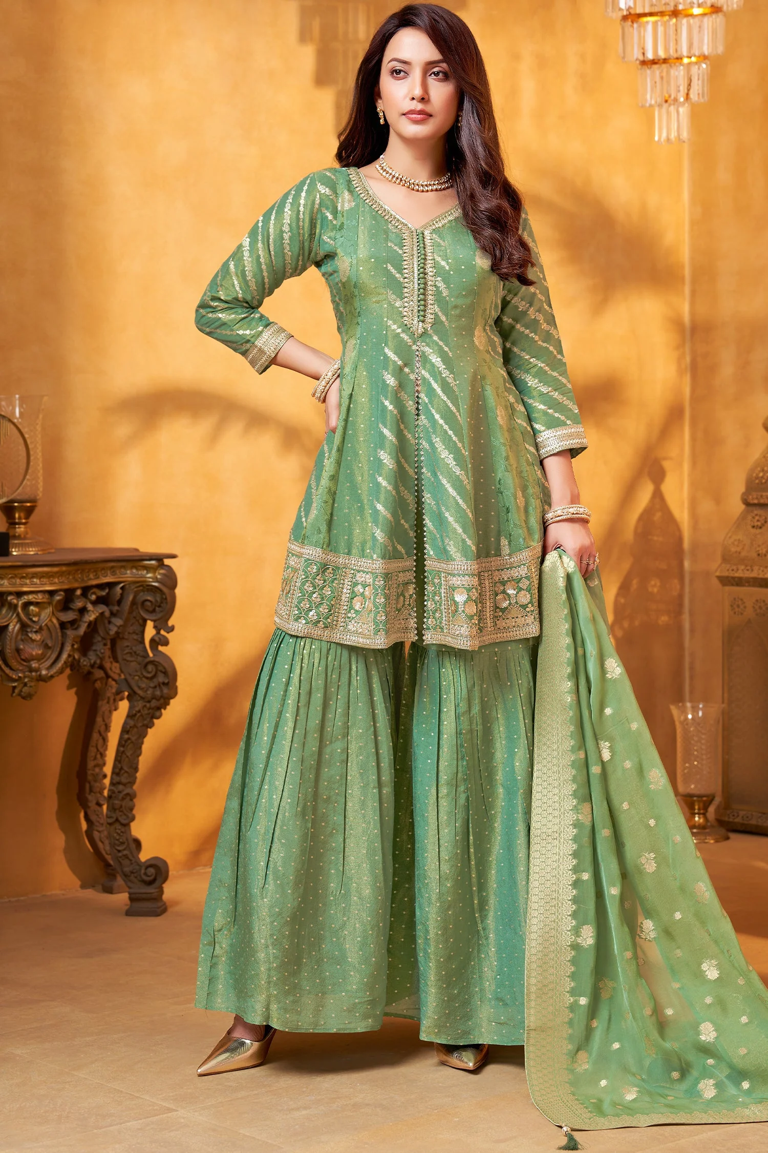 Sea Green Tissue Silk Woven Sharara Suit - Image 3