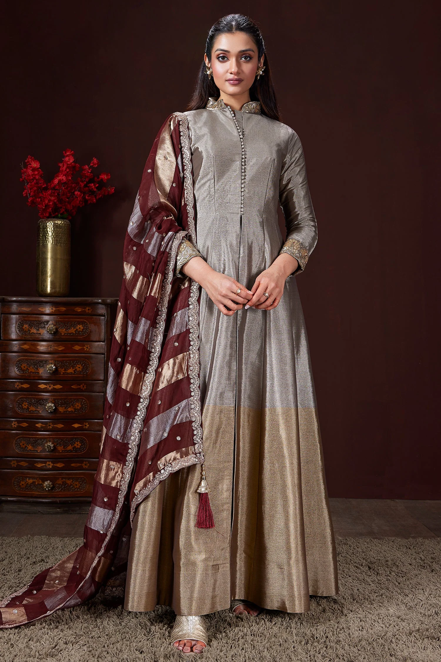 Silver and Golden Ombre Tissue Anarkali Suit - Image 2