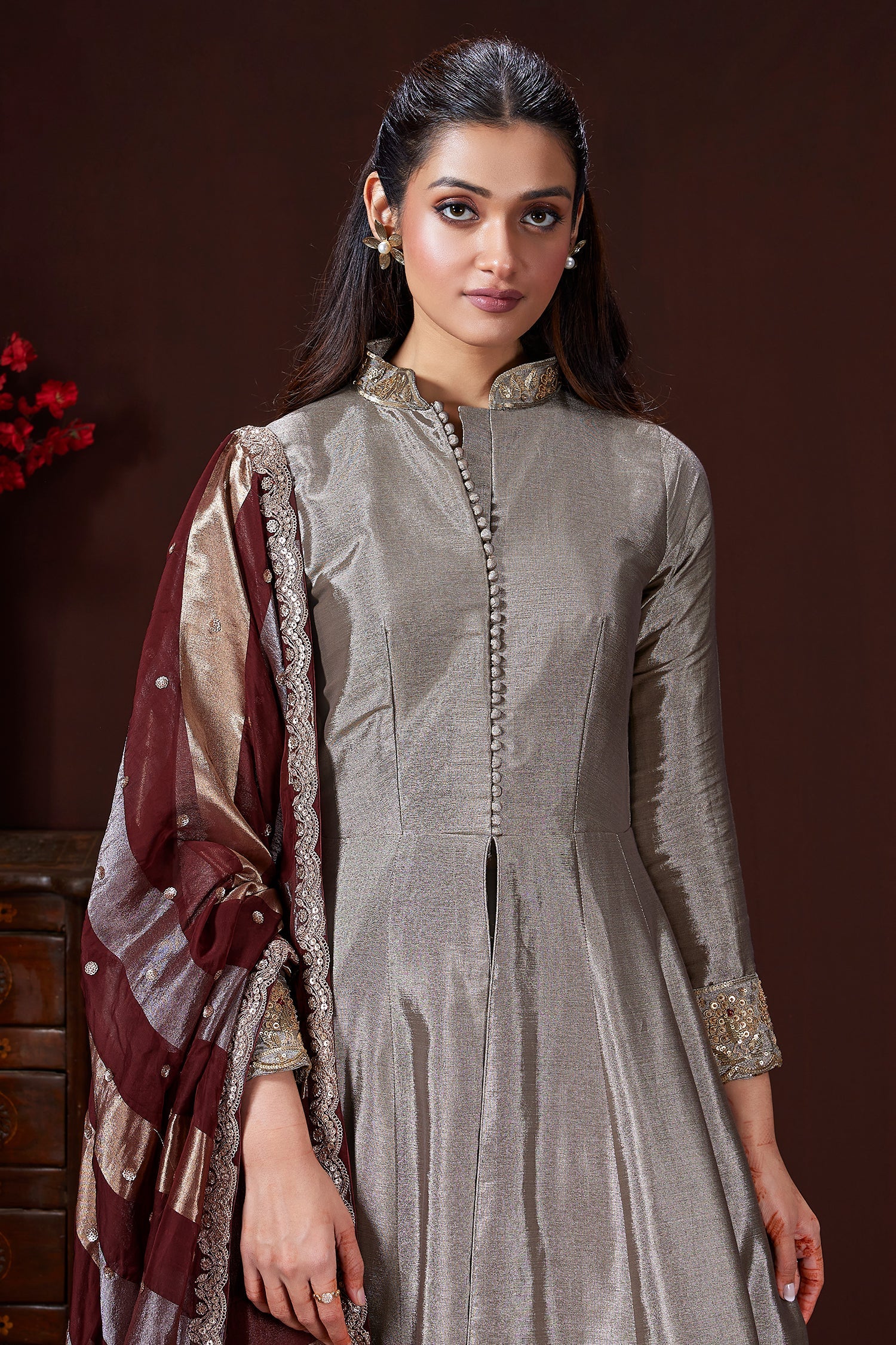 Silver and Golden Ombre Tissue Anarkali Suit - Image 3