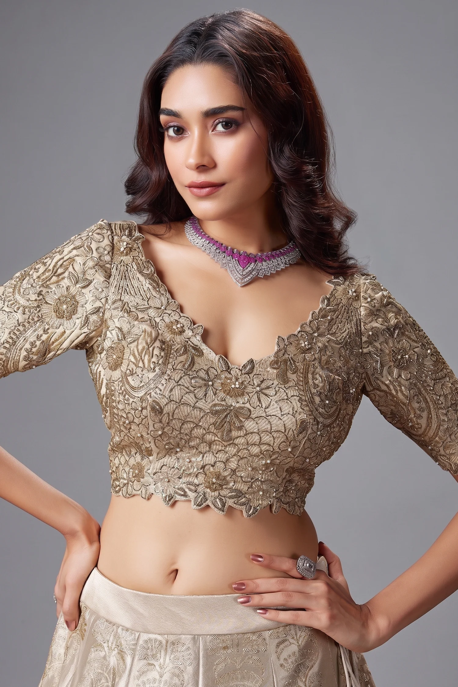 Silver and Golden Ombre Tissue Floral Zari Woven Lehenga - Image 2