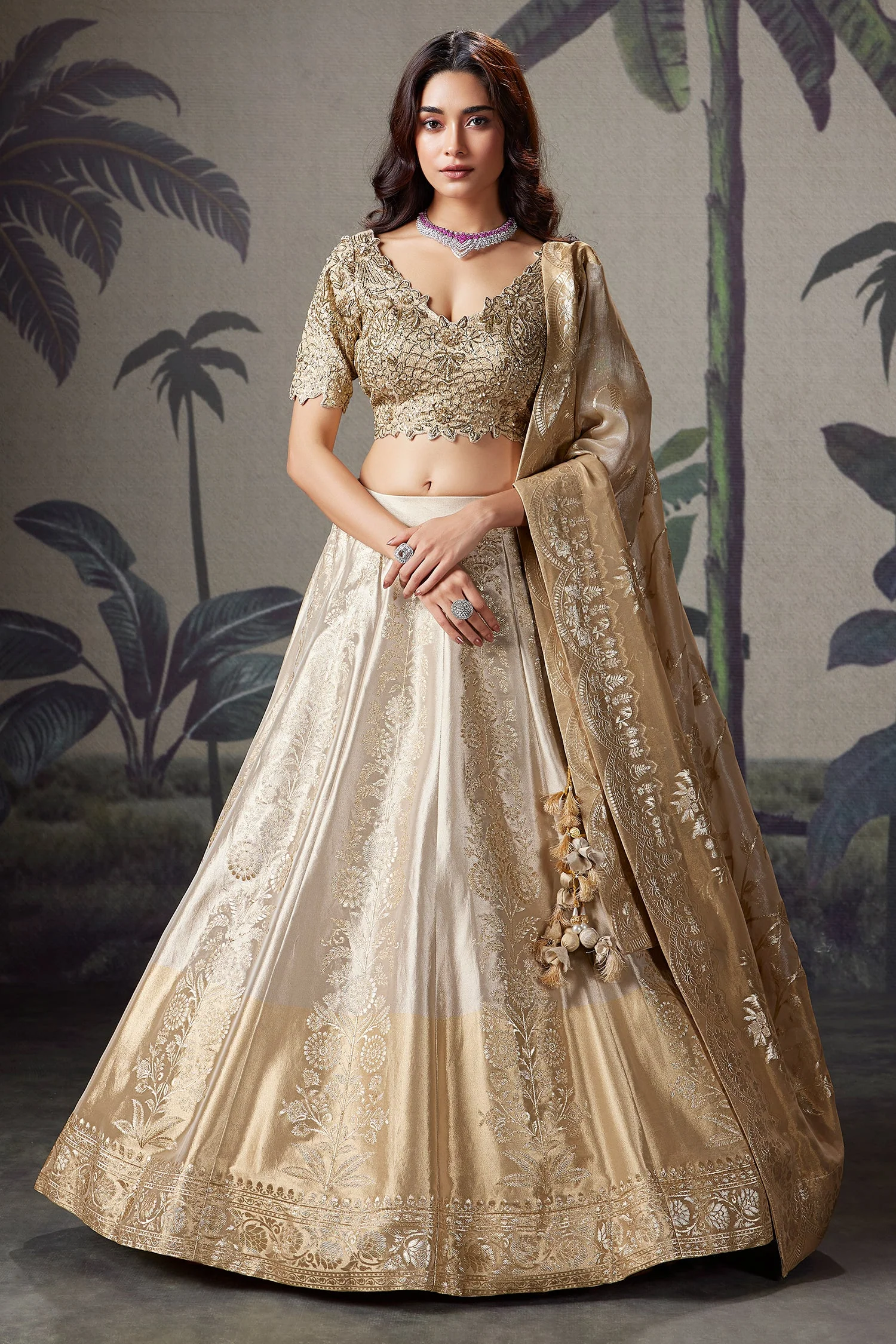 Silver and Golden Ombre Tissue Floral Zari Woven Lehenga - Image 3